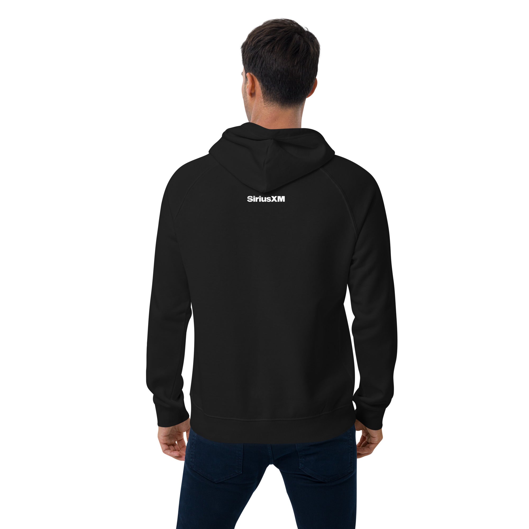 Back view of a black raglan hoodie featuring a white 'SiriusXM' logo centered below the hood, worn by a male model.