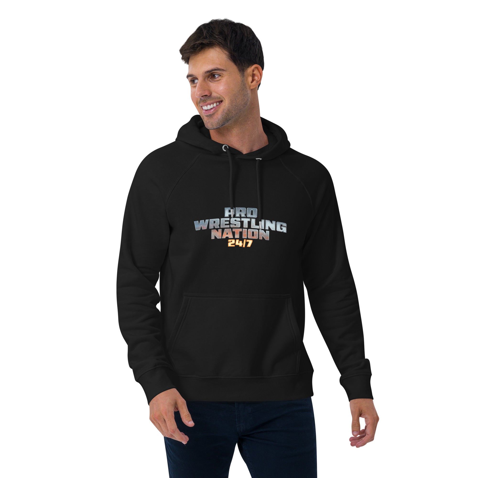 Front view of a male model wearing a black hoodie with a metallic 'Pro Wrestling Nation 24/7' logo printed on the chest.