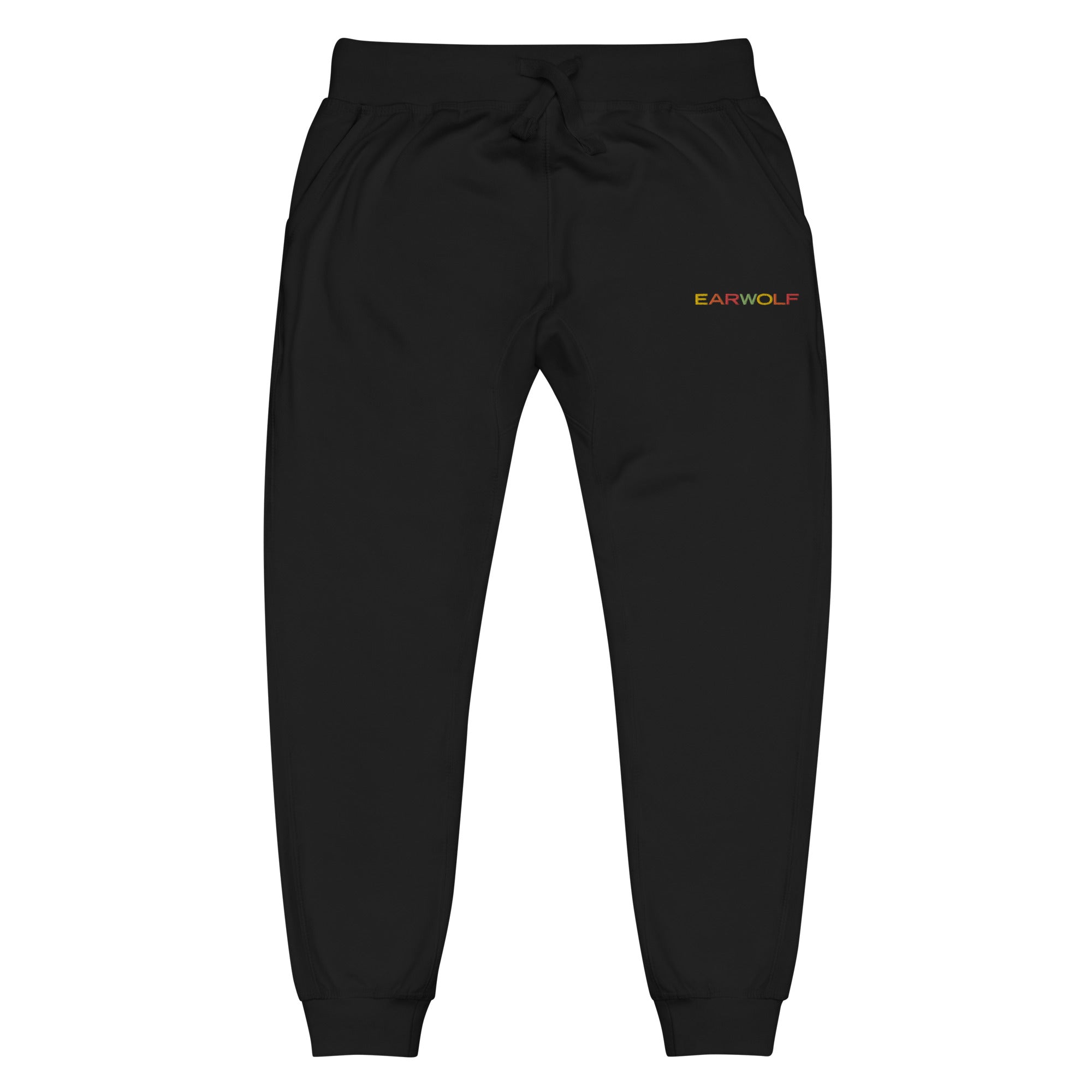 Black jogger pants with 'EARWOLF' logo in orange on the front. Comfortable and stylish for casual wear.