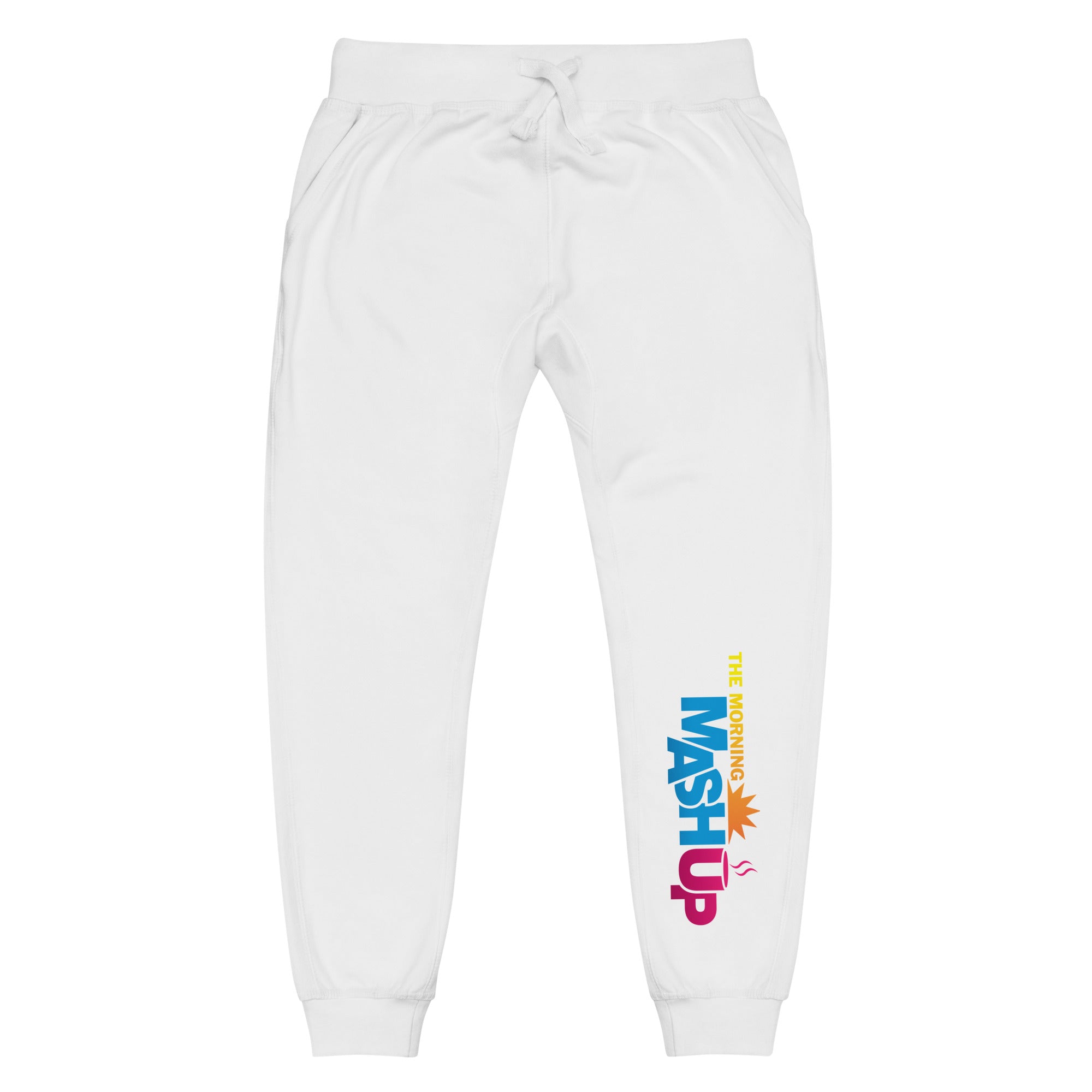 White sweatpants with multi-colored 'THE MORNING MASHUP' logo on the left pant leg.