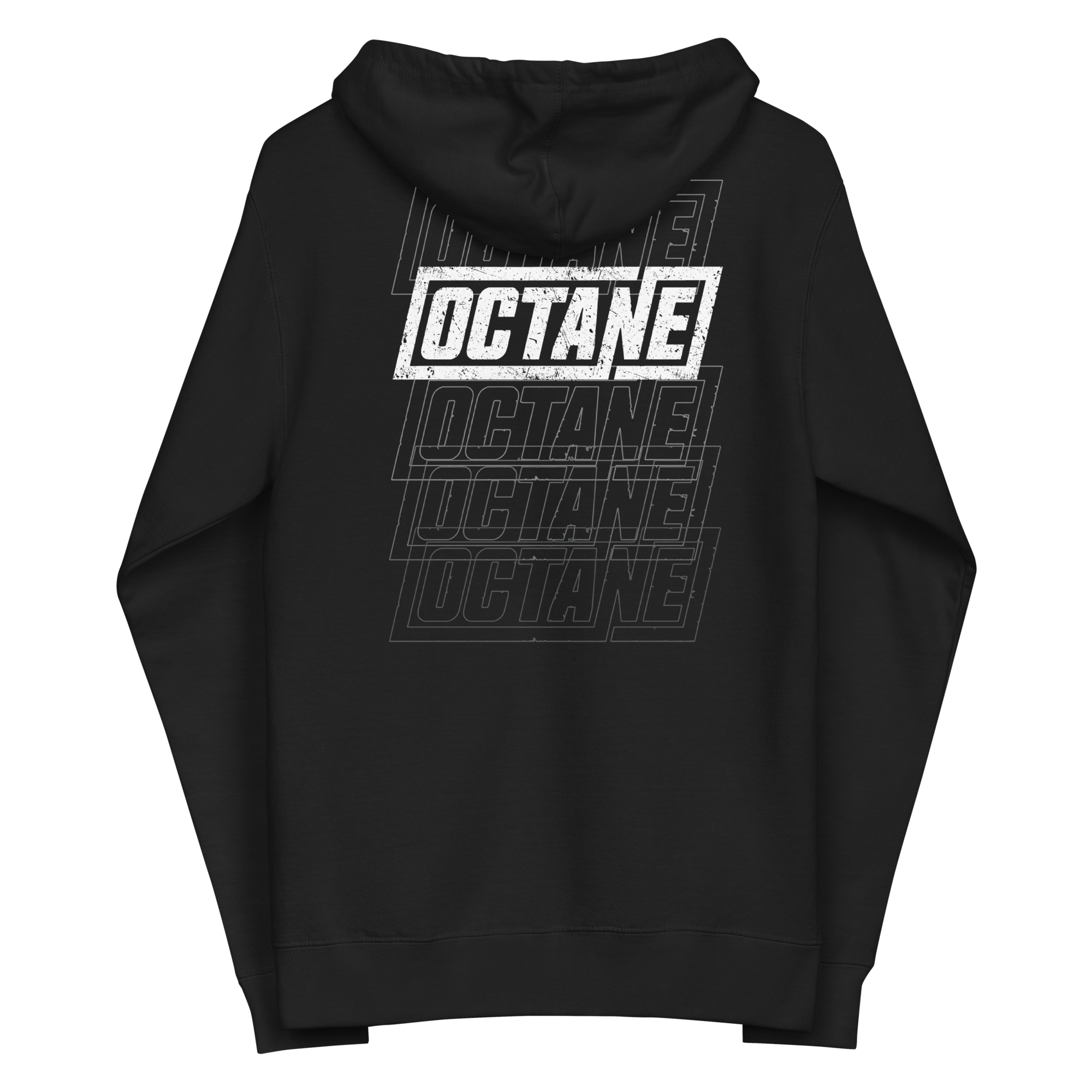 Black hoodie with 'OCTANE' graphic design printed on the back, featuring layered text in white and gray.