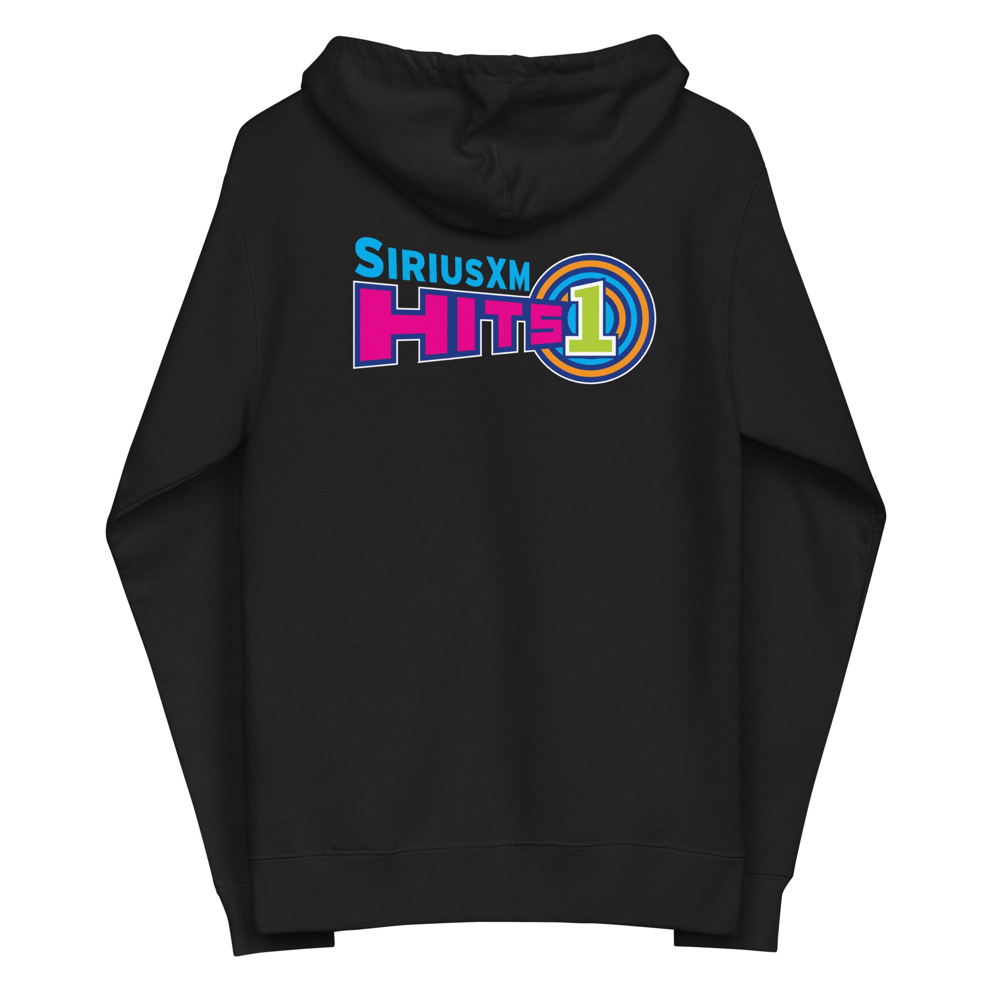 Black hoodie featuring the 'SiriusXM Hits 1' logo in vibrant colors on the back.