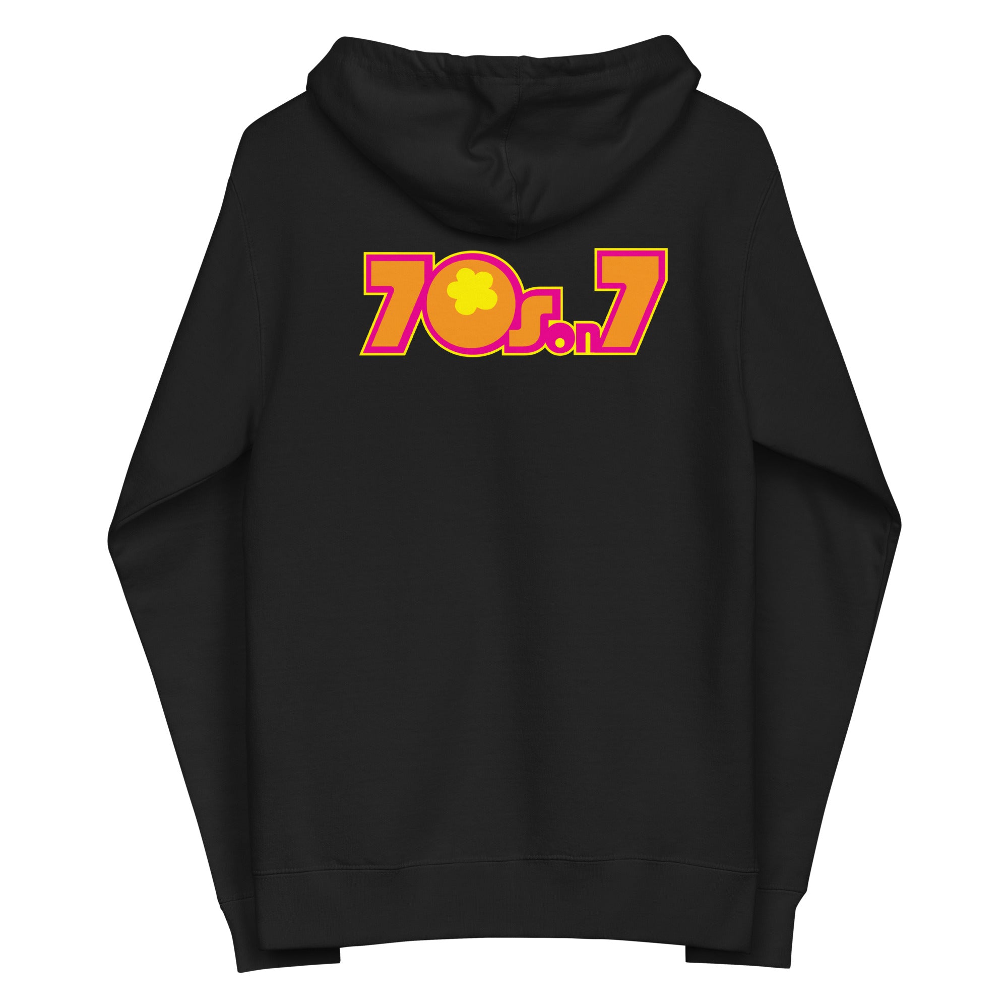 Black hoodie featuring colorful '70s on 7' logo with a flower design on the back.