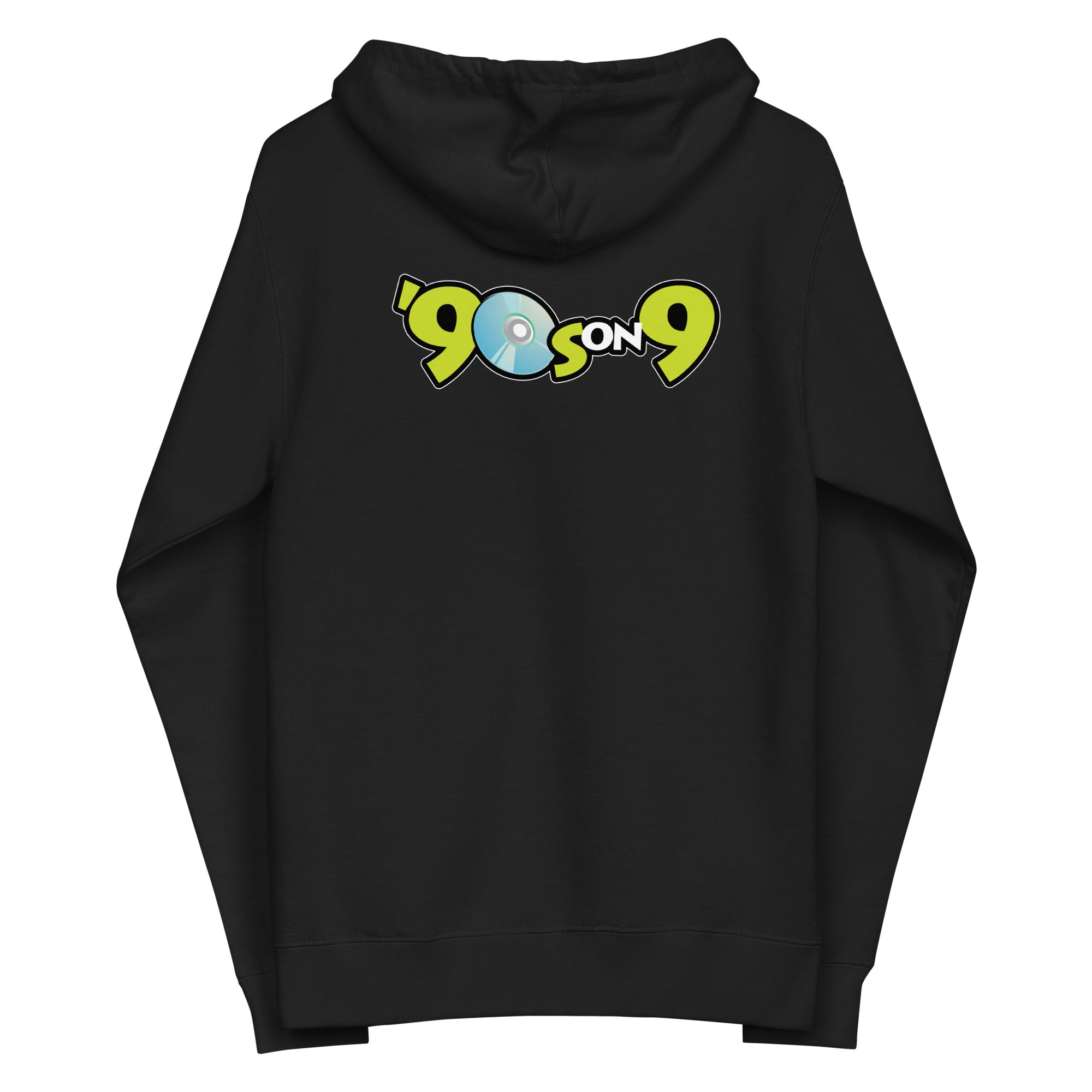 Black hoodie featuring a colorful logo with the text '90s on 9' and a compact disc graphic on the back.