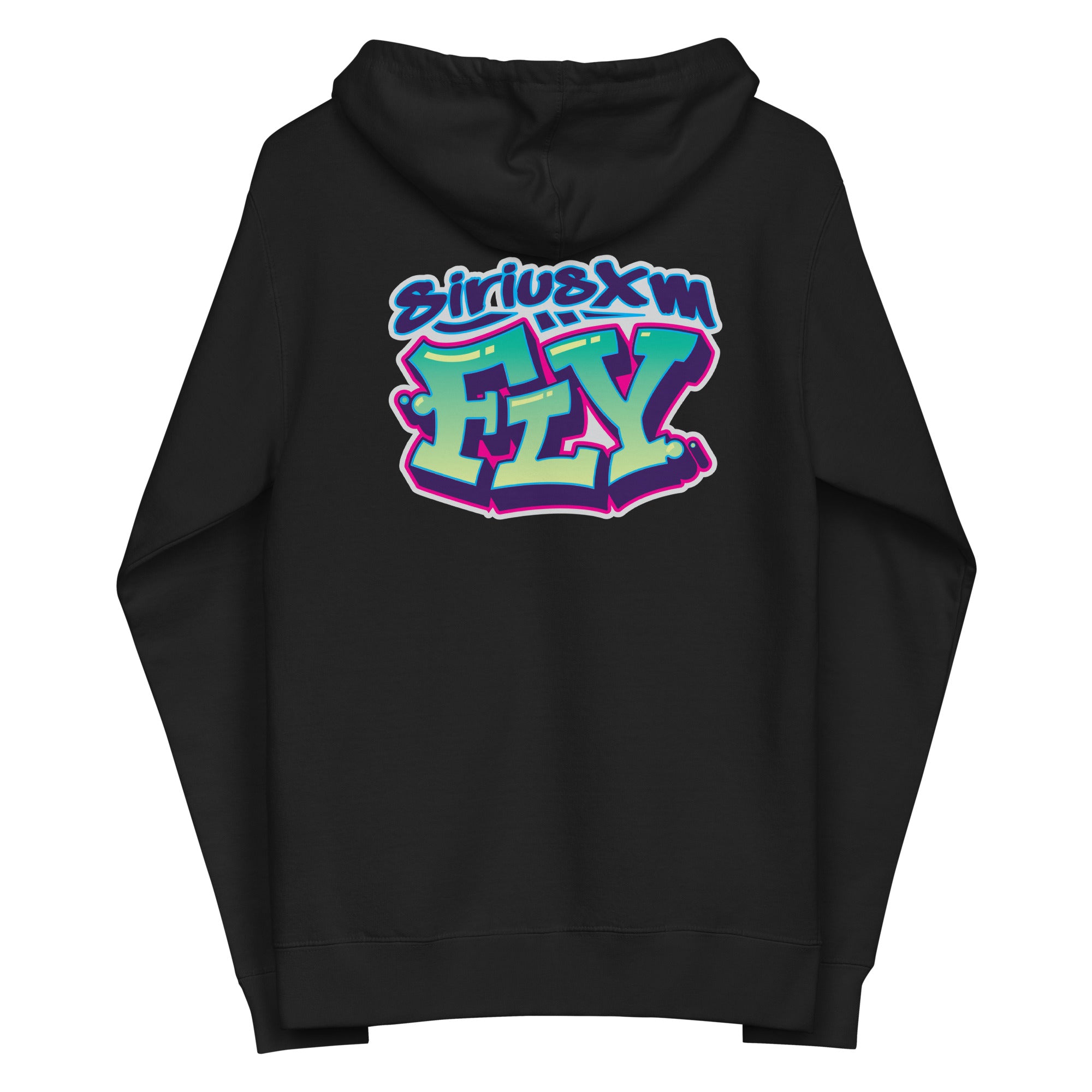 Black hoodie featuring colorful graffiti-style text 'SiriusXM FLY' on the back.
