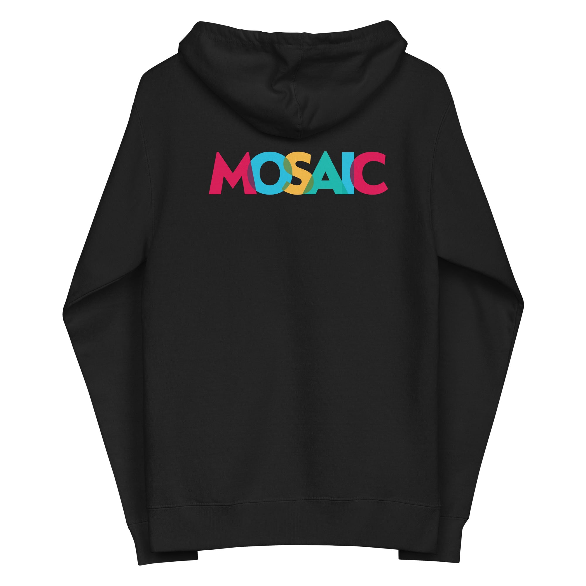 Black hoodie featuring the colorful word 'MOSAIC' printed on the back.