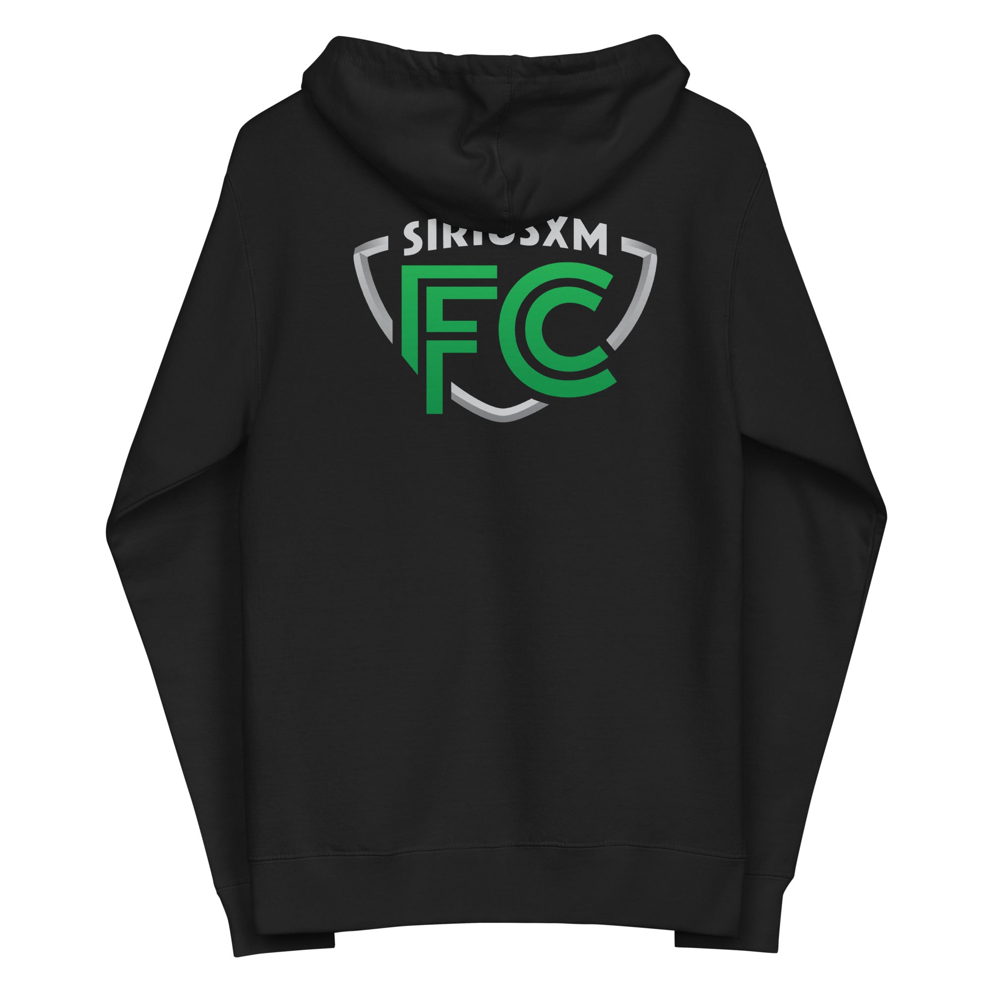 Black hoodie featuring 'SiriusXM FC' logo in green and gray on the back.