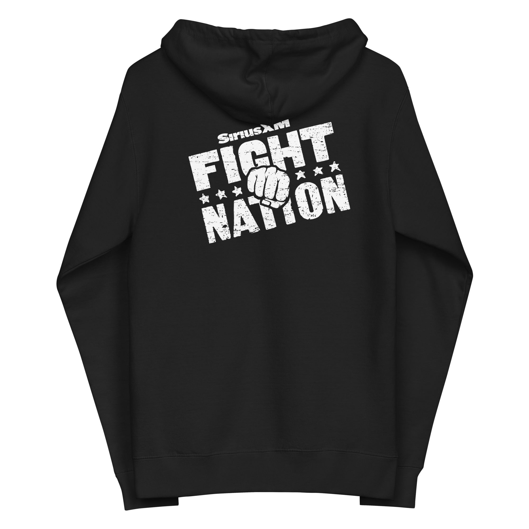Black hoodie featuring 'SiriusXM FIGHT NATION' graphic with a fist and stars on the back.