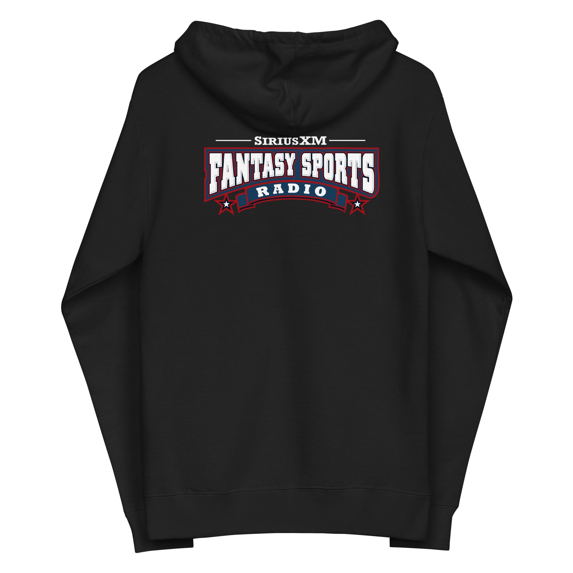 Black hoodie with 'Sirius XM Fantasy Sports Radio' logo printed on the back.