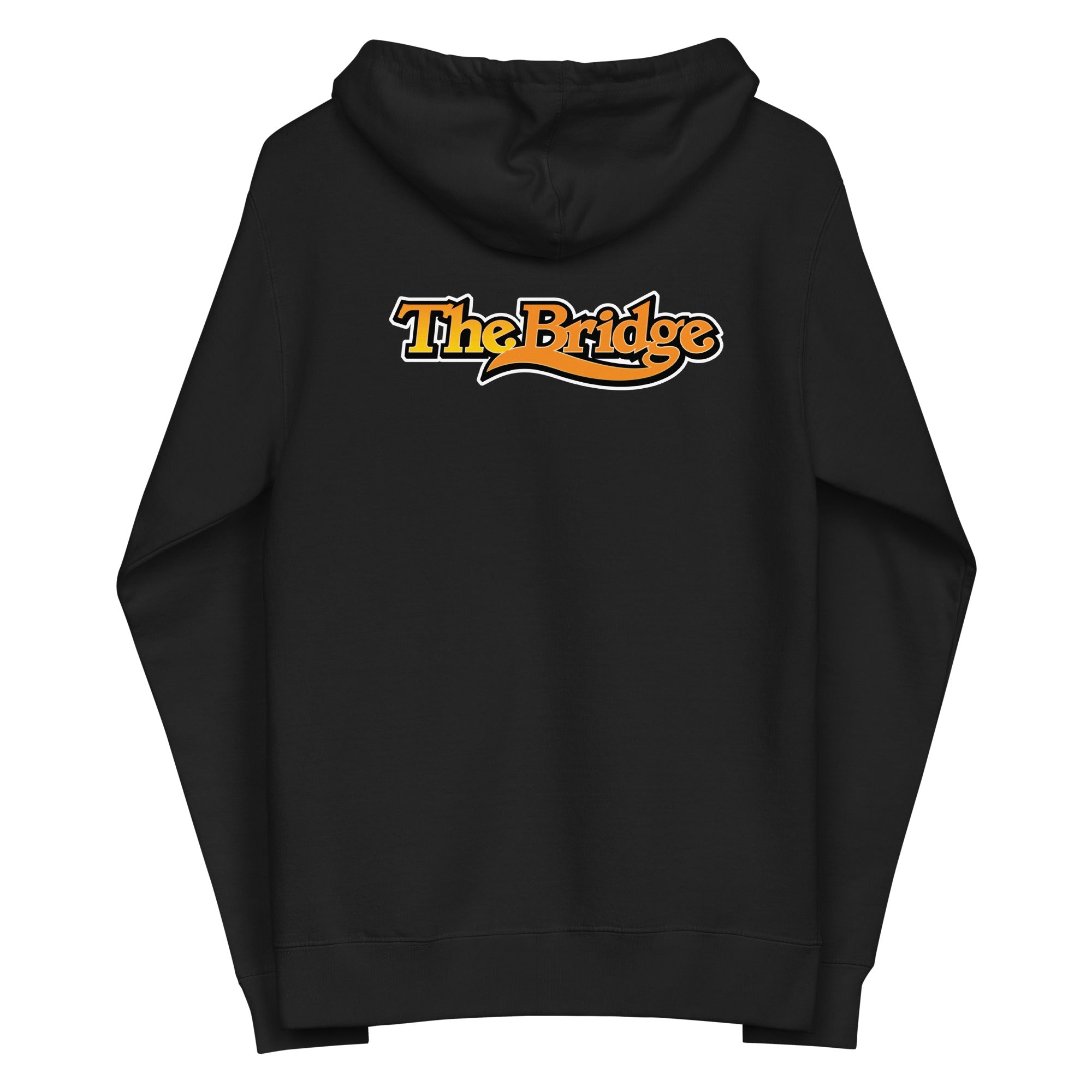 Black hoodie with the text 'The Bridge' in vibrant orange lettering on the back.