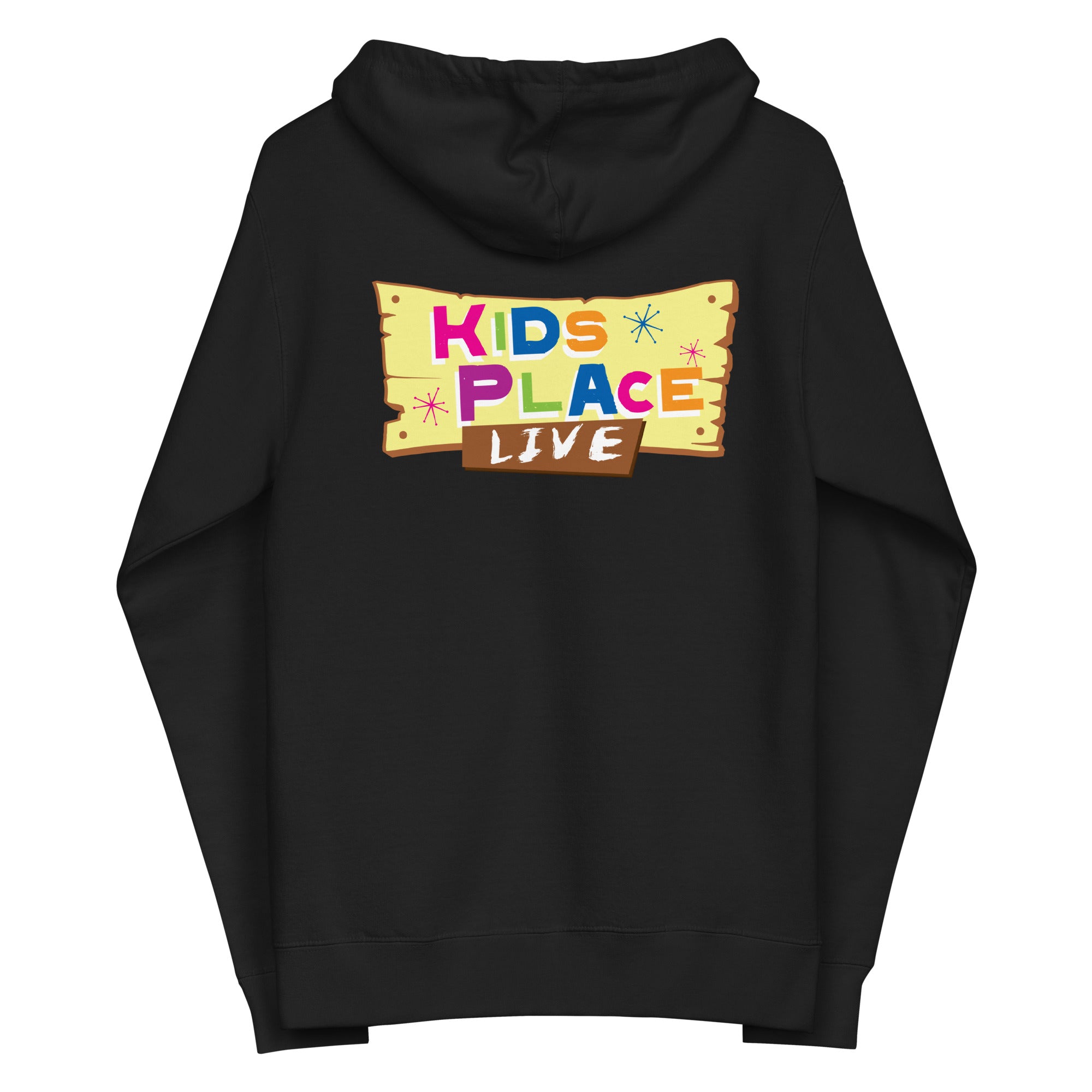 Black hoodie featuring a colorful 'Kids Place Live' graphic on the back.