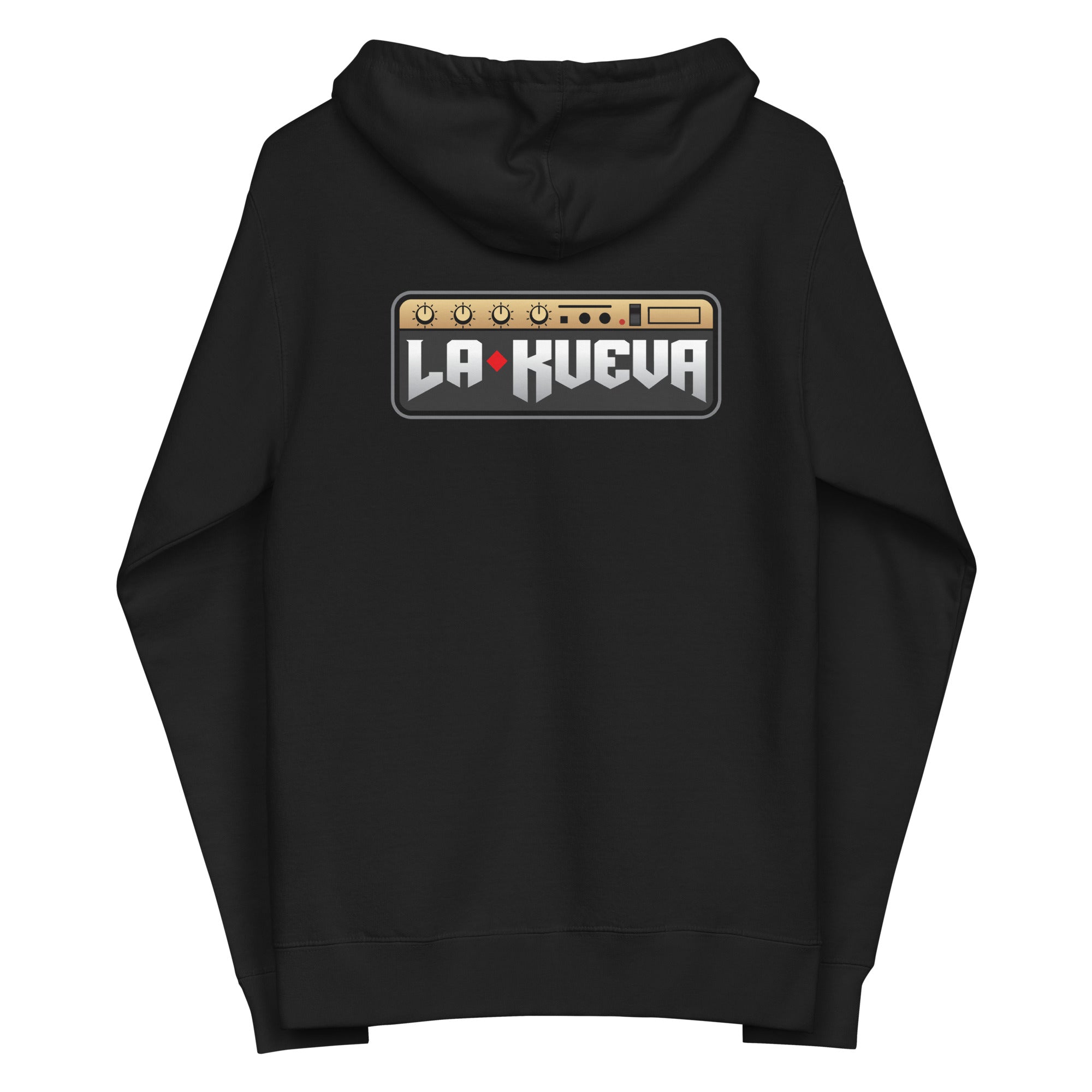 Black hoodie featuring a retro amplifier design with the text 'LA KUEVA' prominently displayed on the back.