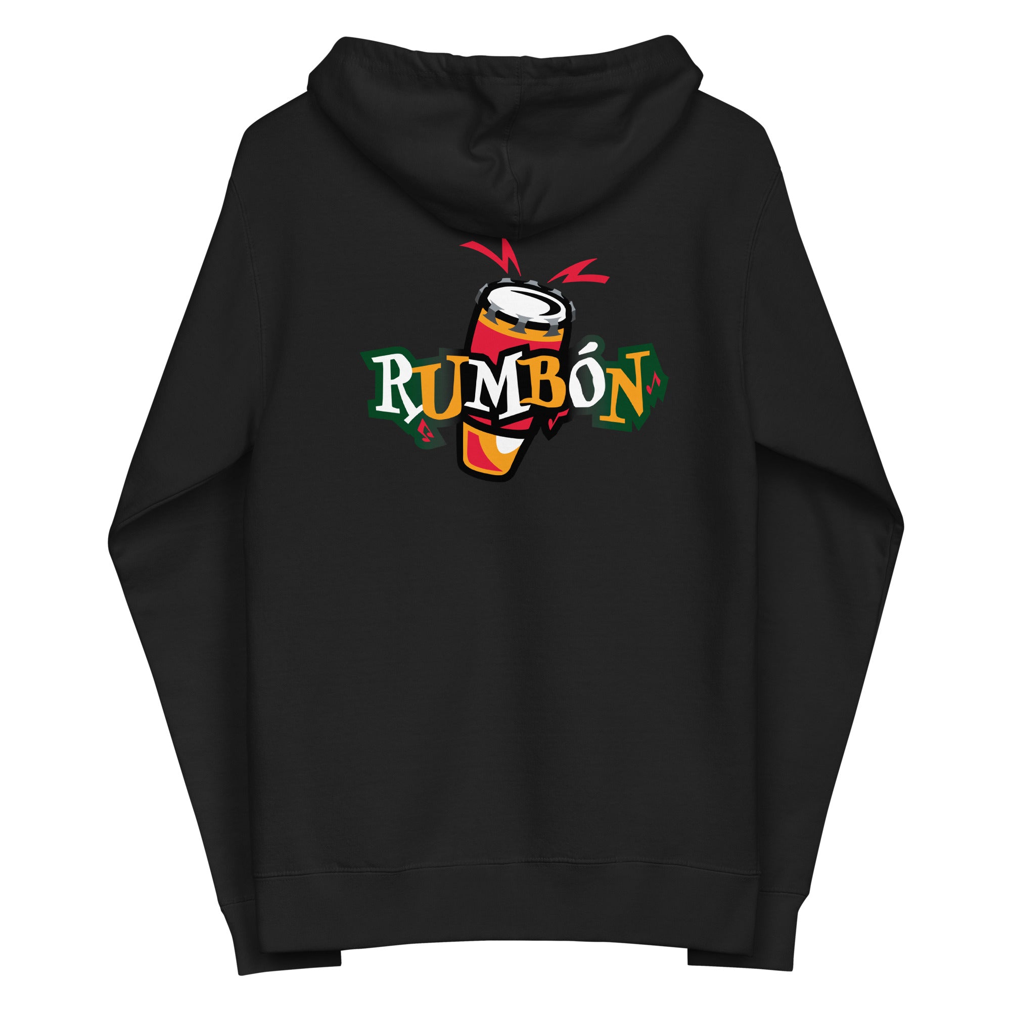 Black hoodie featuring a colorful graphic of a conga drum with the word 'RUMBÓN' on the back.