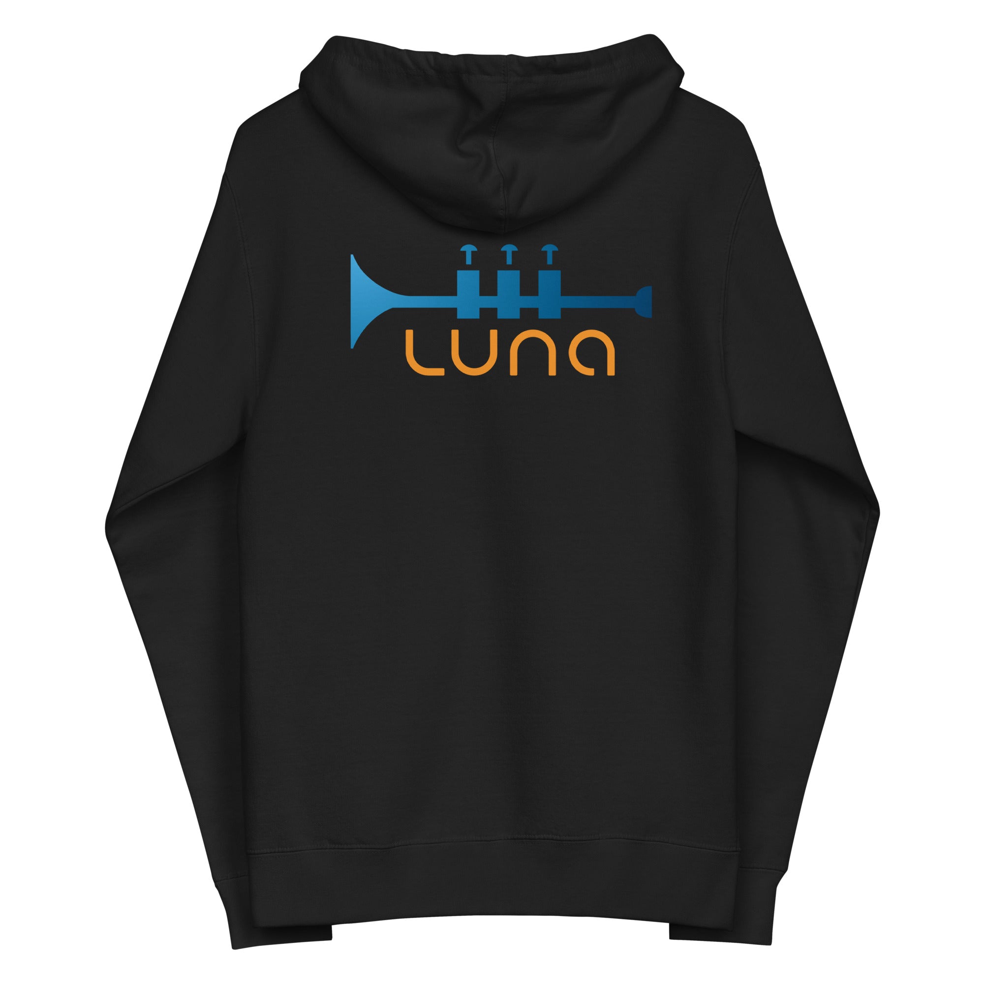 Black hoodie with a trumpet graphic and the word 'LUNA' in blue and orange on the back.