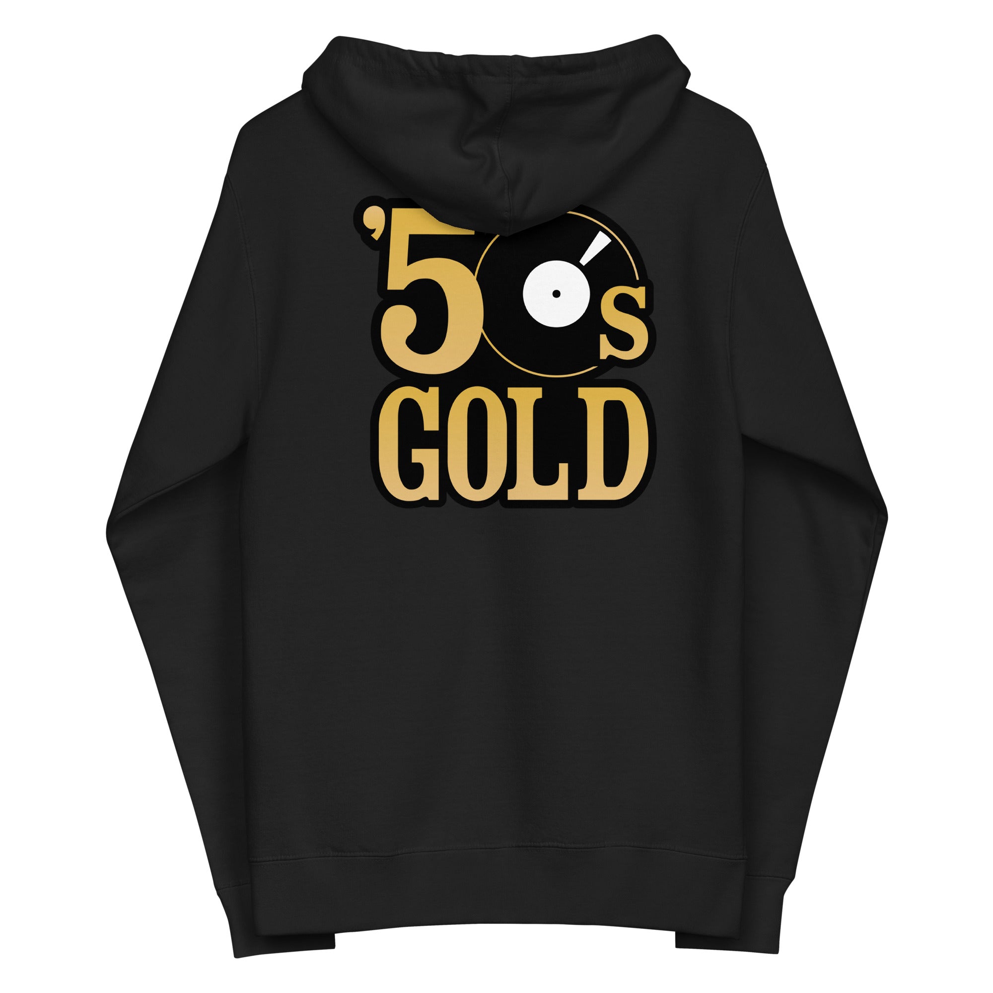 Hoodie design featuring '50s GOLD' text and a vinyl record graphic on the back, in black and gold colors.