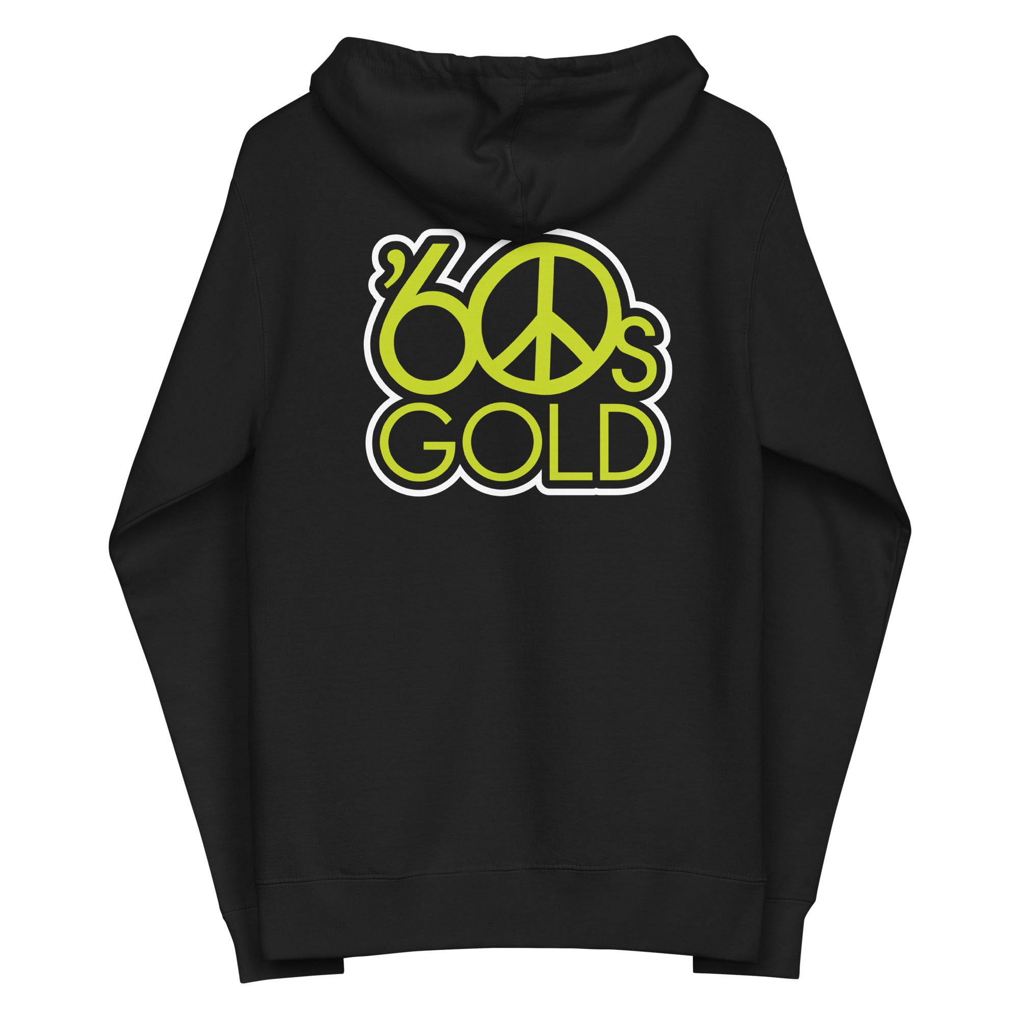 Black hoodie featuring a vibrant '60s Gold' design with a peace symbol on the back.