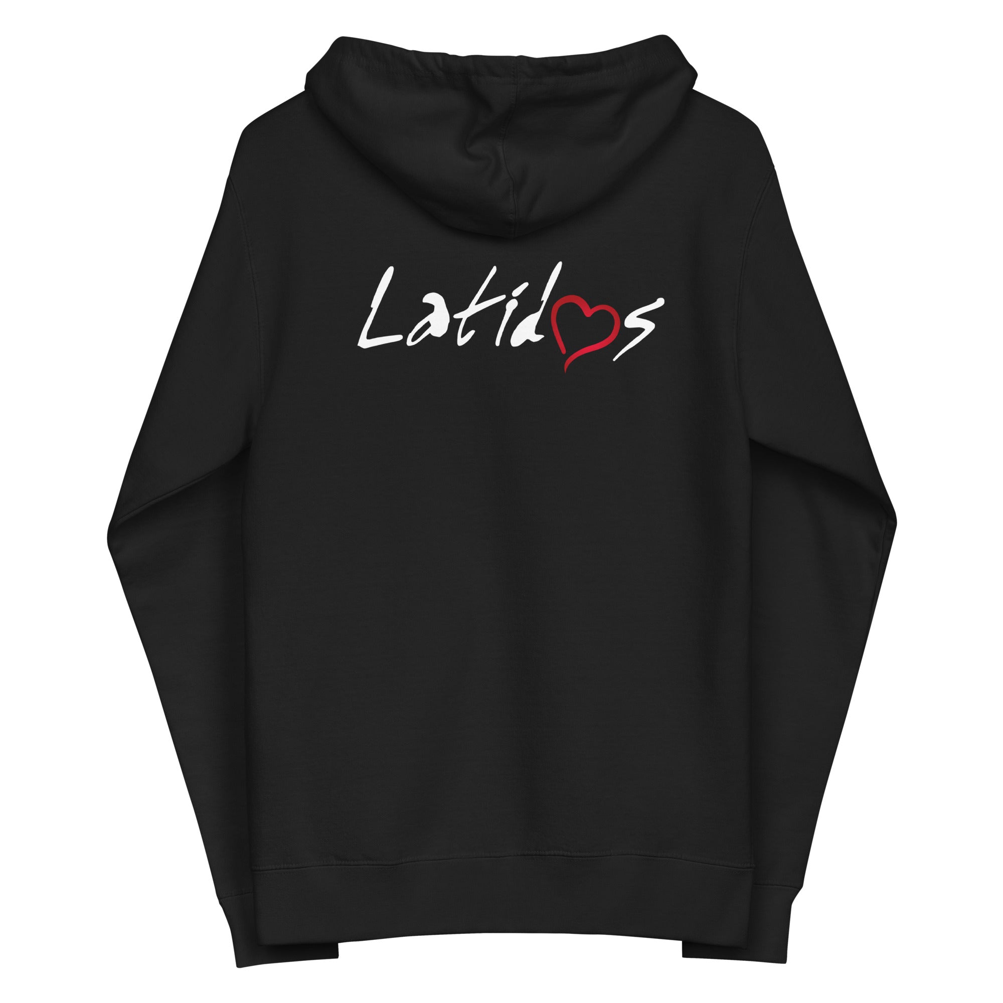 Black hoodie with the word 'Latidos' stylized in white, featuring a red heart in place of the letter 'o' on the back.