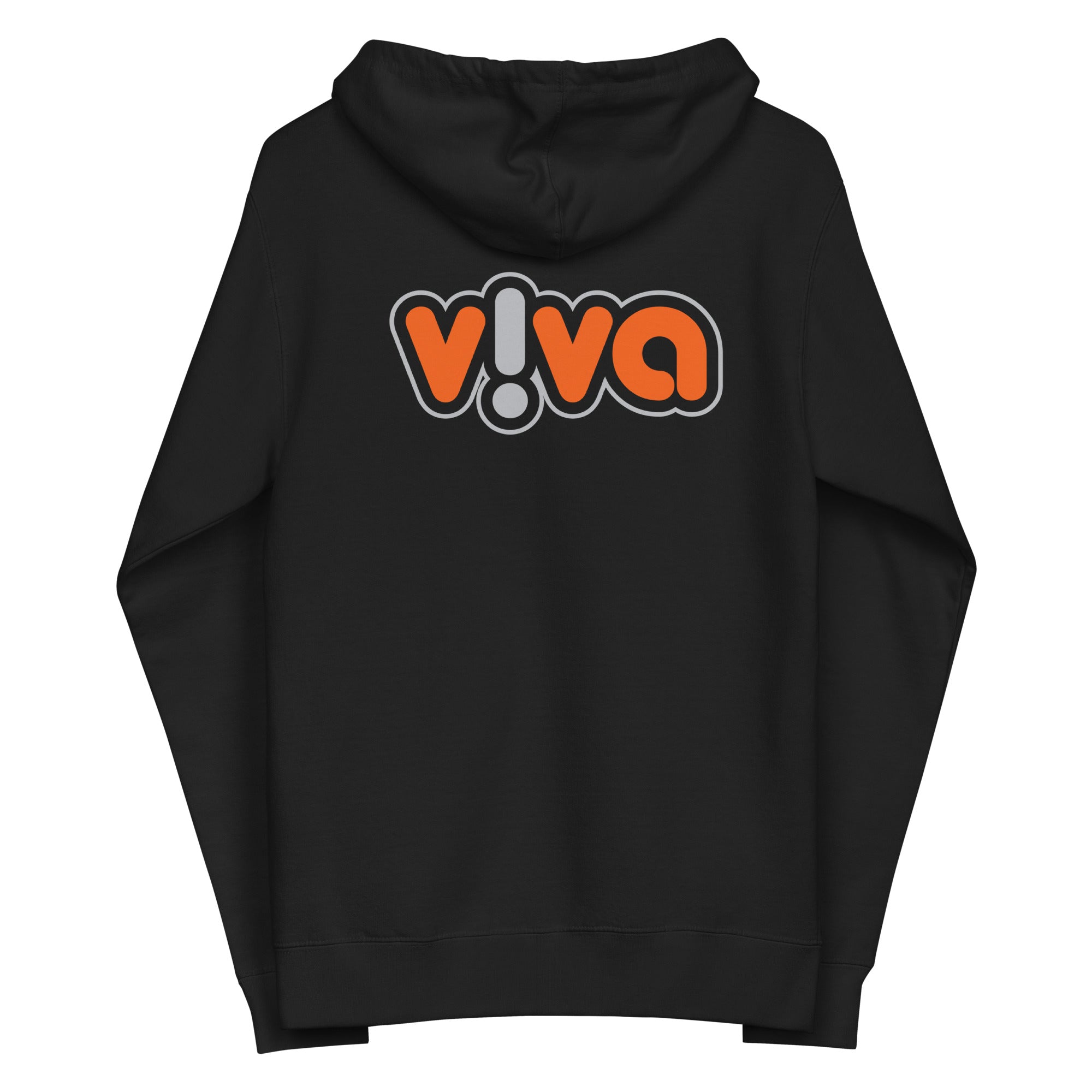 Black hoodie with 'v!va' logo in orange and grey on the back.