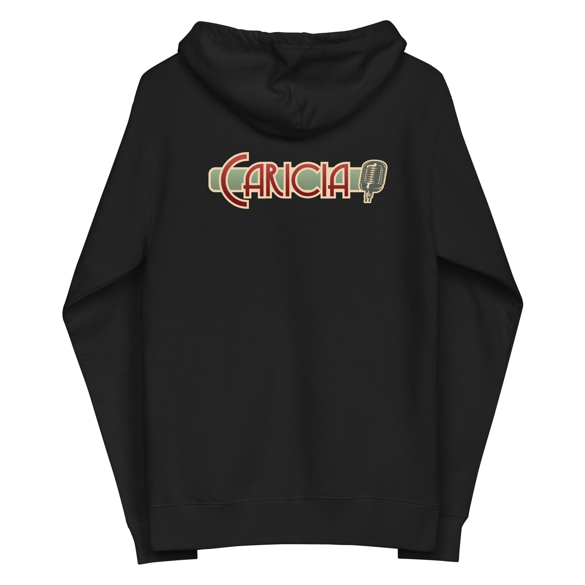 Black hoodie featuring the word 'CARICIA' and a microphone graphic on the back.