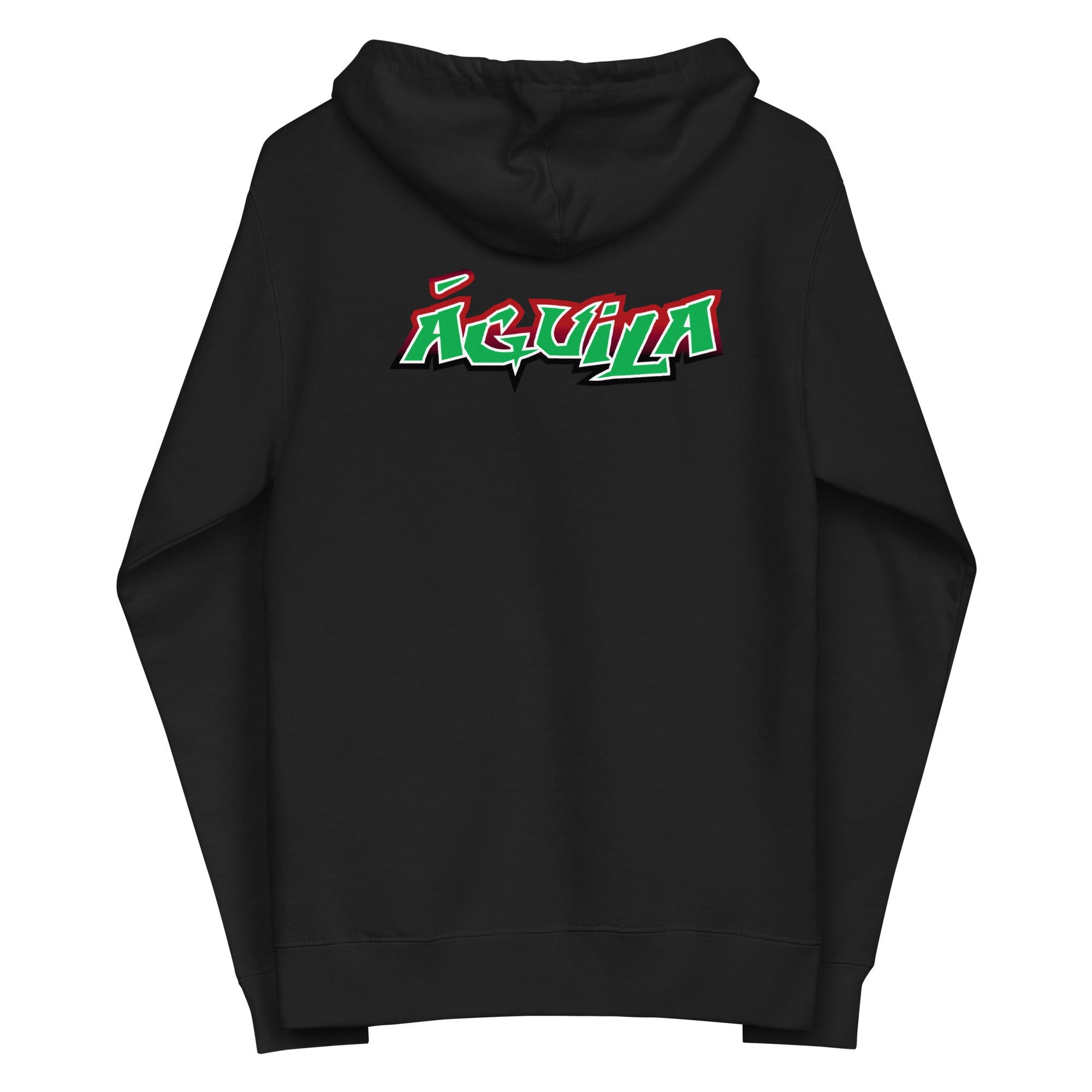 Black hoodie featuring bold 'Águila' text in red and green on the back.