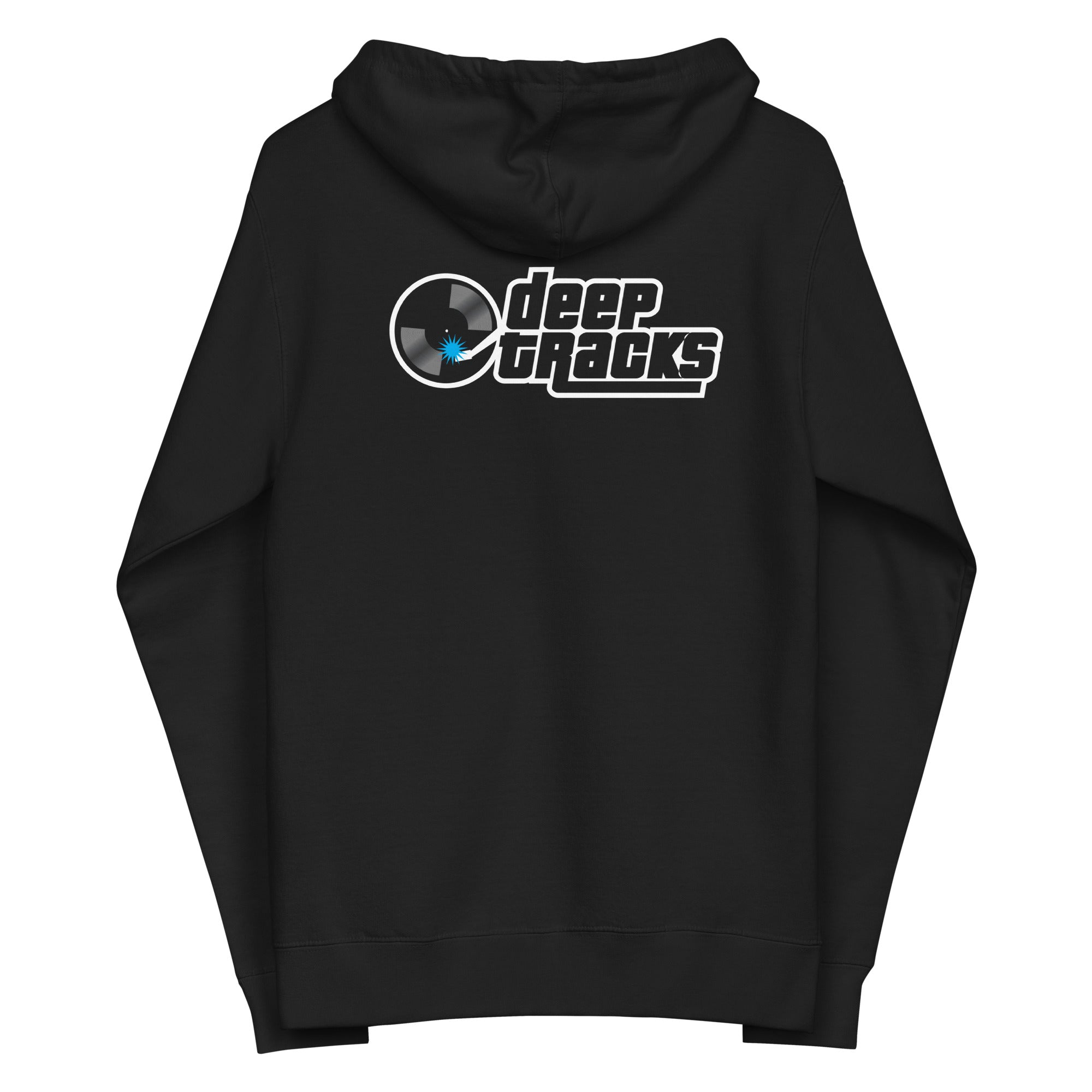 Black hoodie with 'deep tracks' logo and vinyl record graphic on the back.