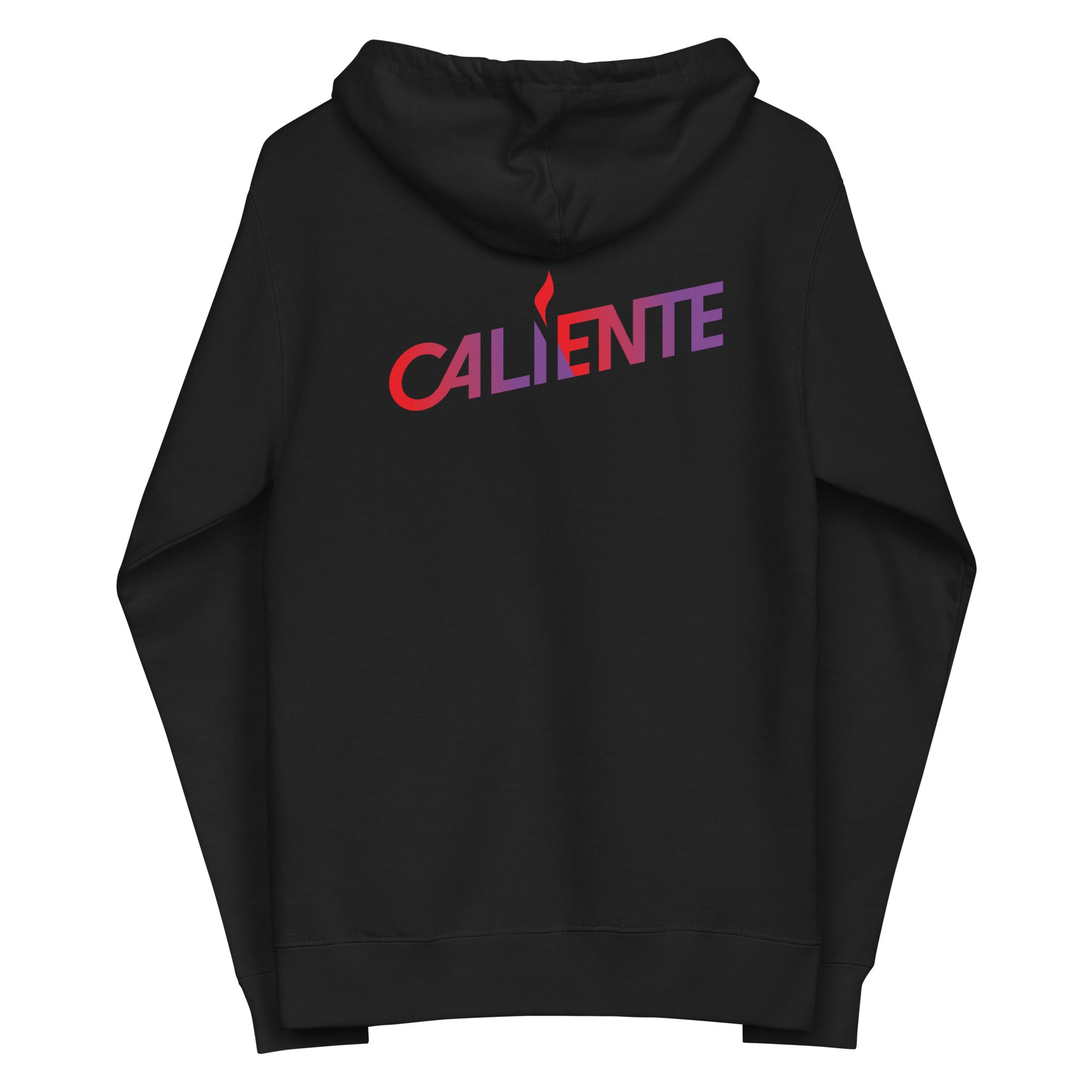 Black hoodie with 'CALIENTE' graphic in red and purple on the back.