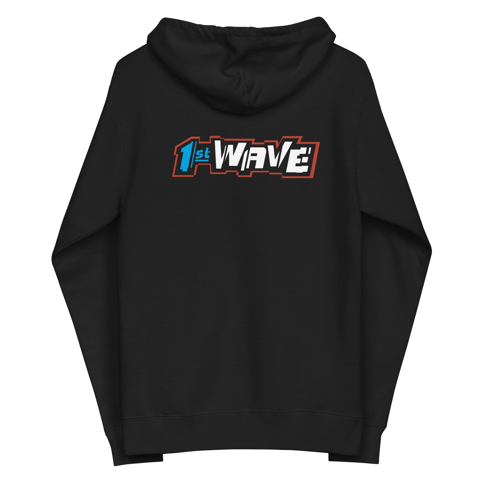 Black hoodie featuring the text '1st WAVE' in bold, colorful typography on the back.
