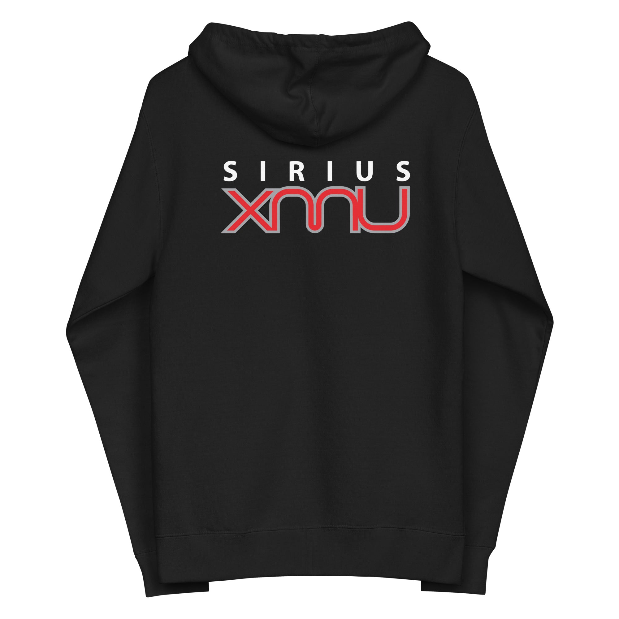 Black hoodie featuring 'SIRIUS XMU' logo in white and red on the back.