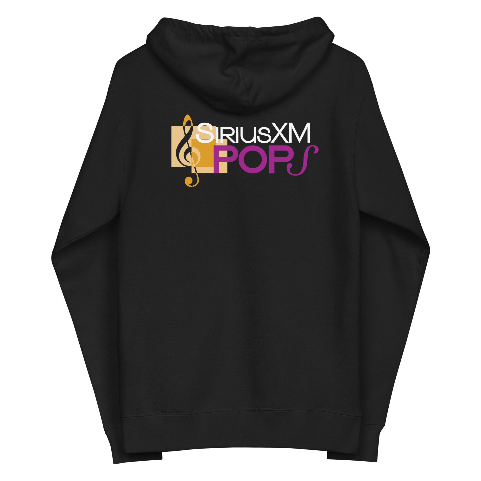 Black hoodie with 'SiriusXM POPS' logo featuring musical note design on the back.