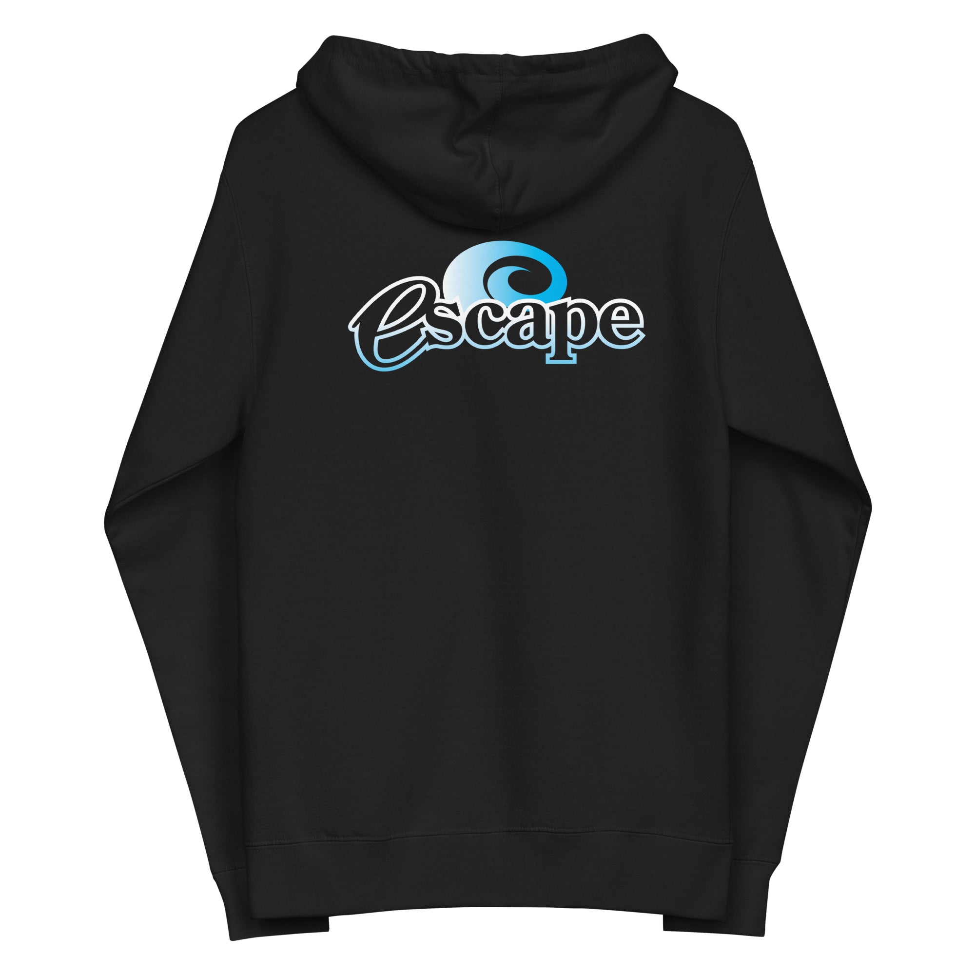 Black hoodie with 'escape' logo featuring a blue swirl design on the back.