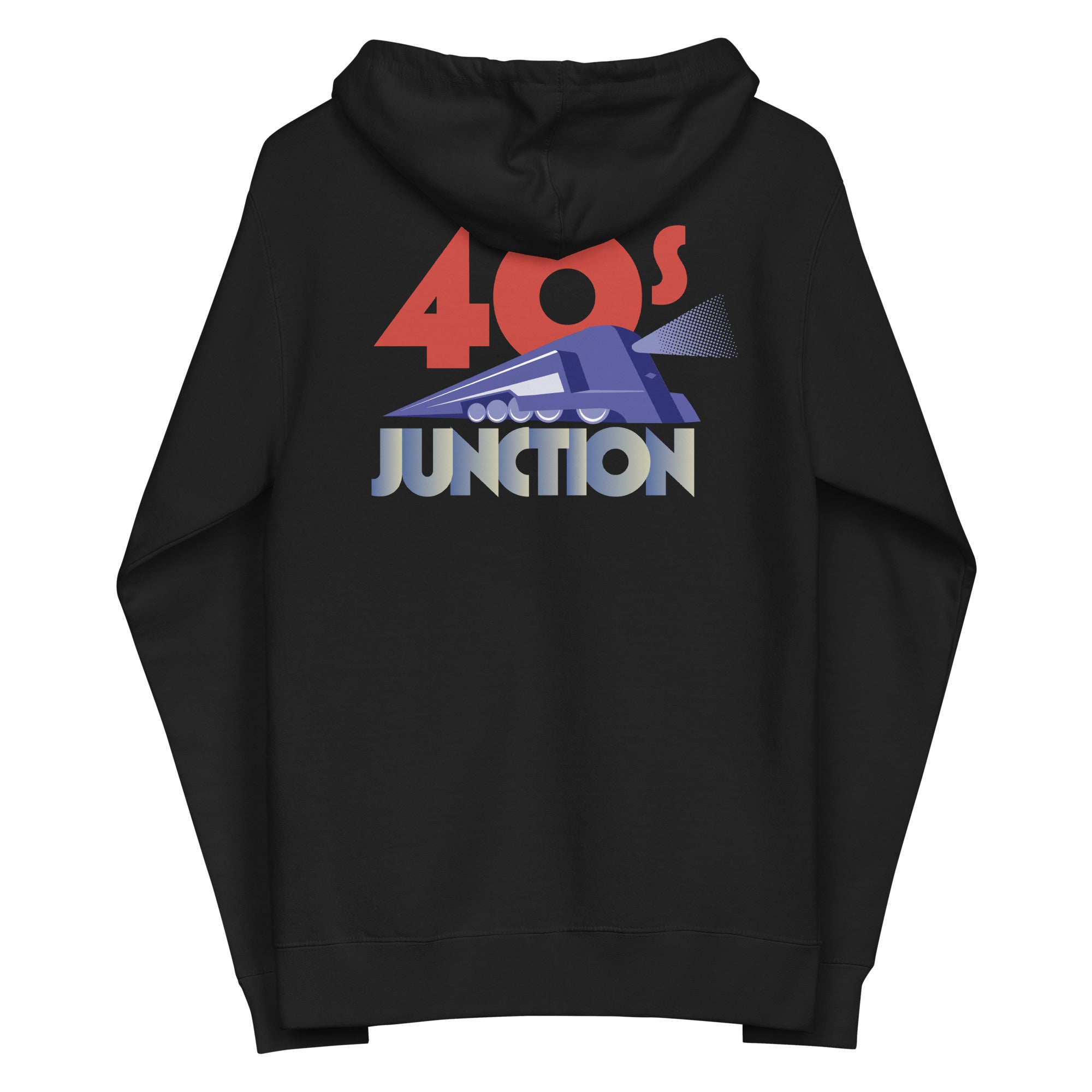 Graphic design on a black hoodie featuring '40s Junction' and a stylized train illustration on the back.