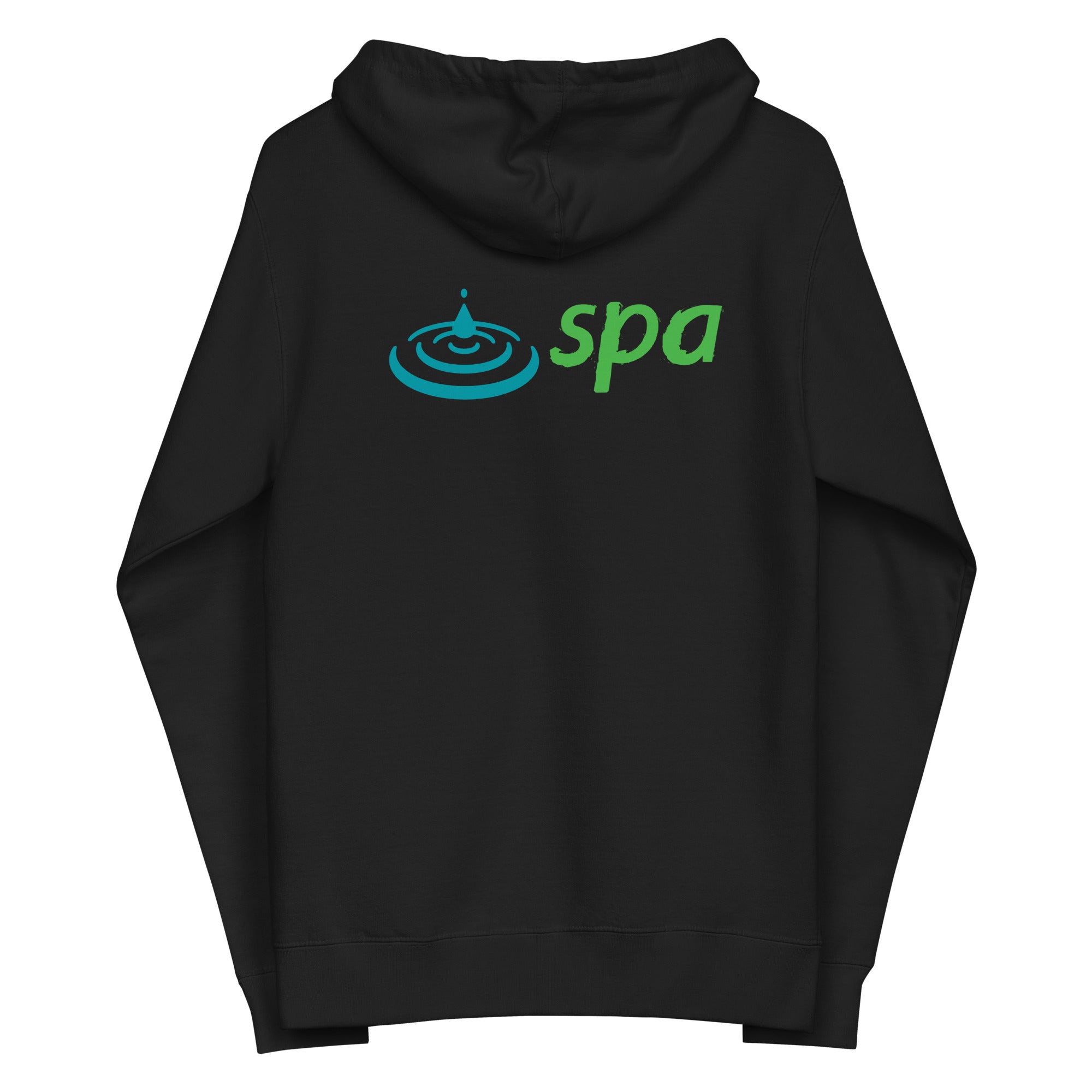 Black hoodie featuring 'spa' in green text with a blue water ripple design on the back.