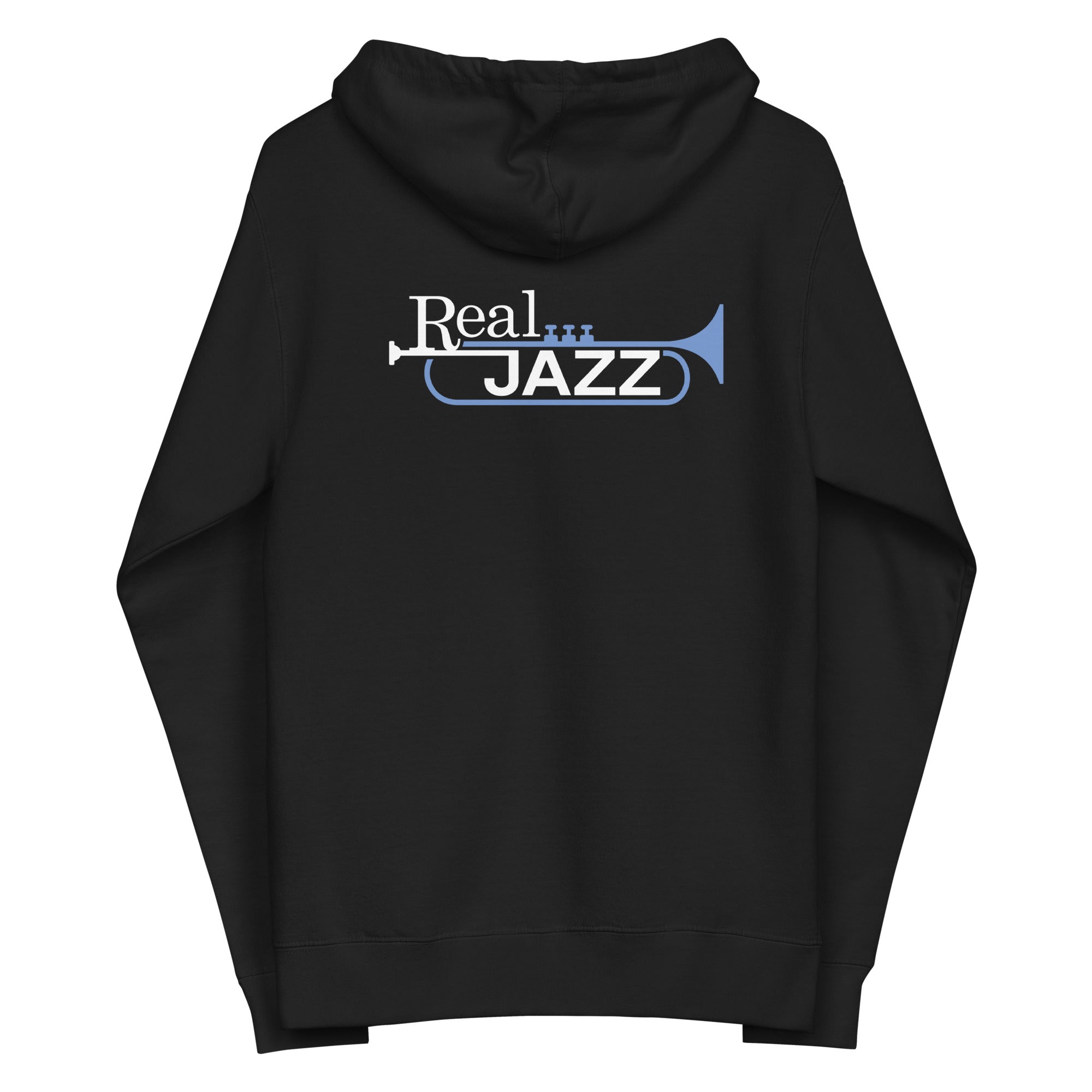 Black hoodie featuring the text 'Real JAZZ' with a trumpet design on the back.