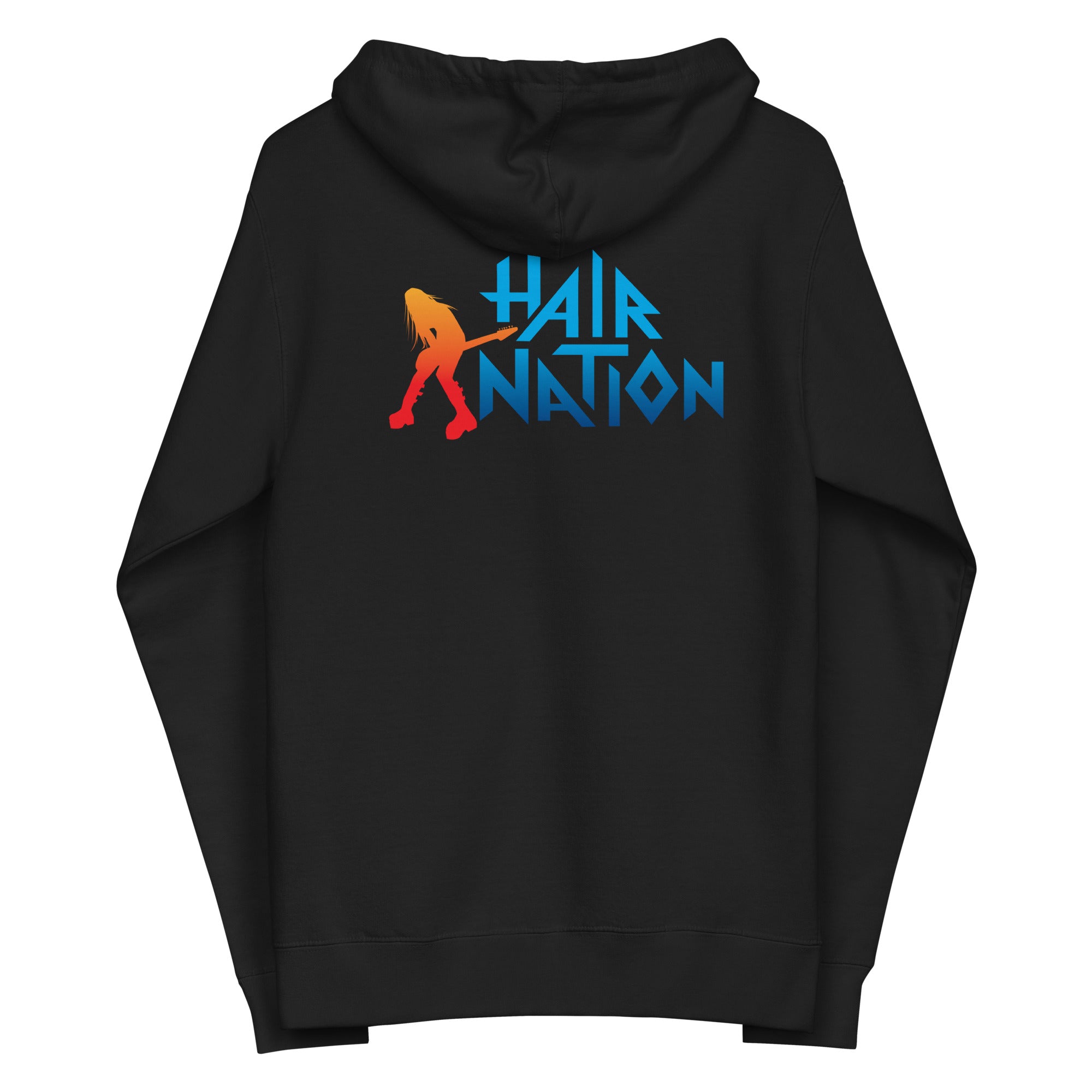 Black hoodie featuring colorful 'HAIR NATION' graphic with silhouette playing guitar on the back.