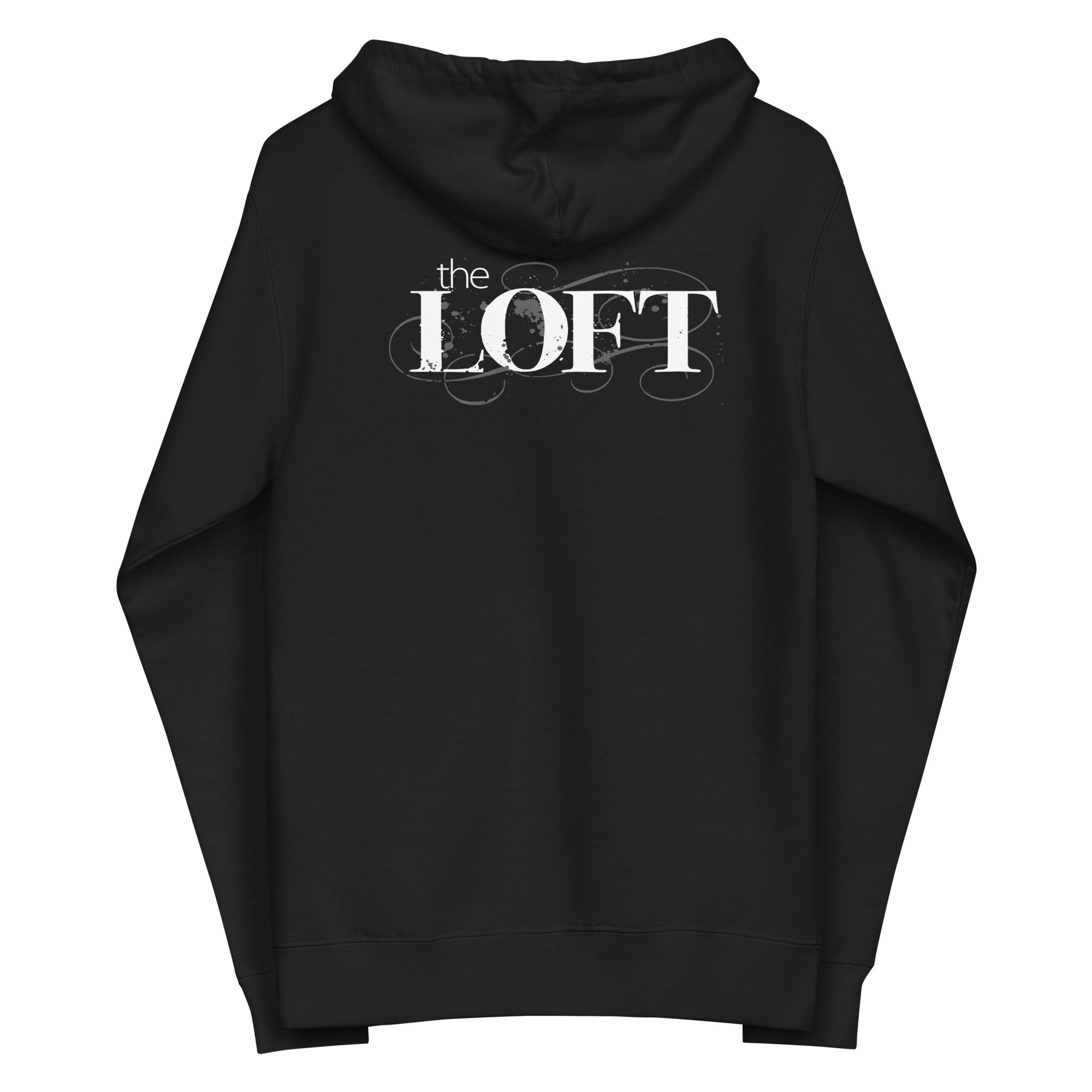 Black hoodie with 'the LOFT' printed in distressed white lettering on the back.