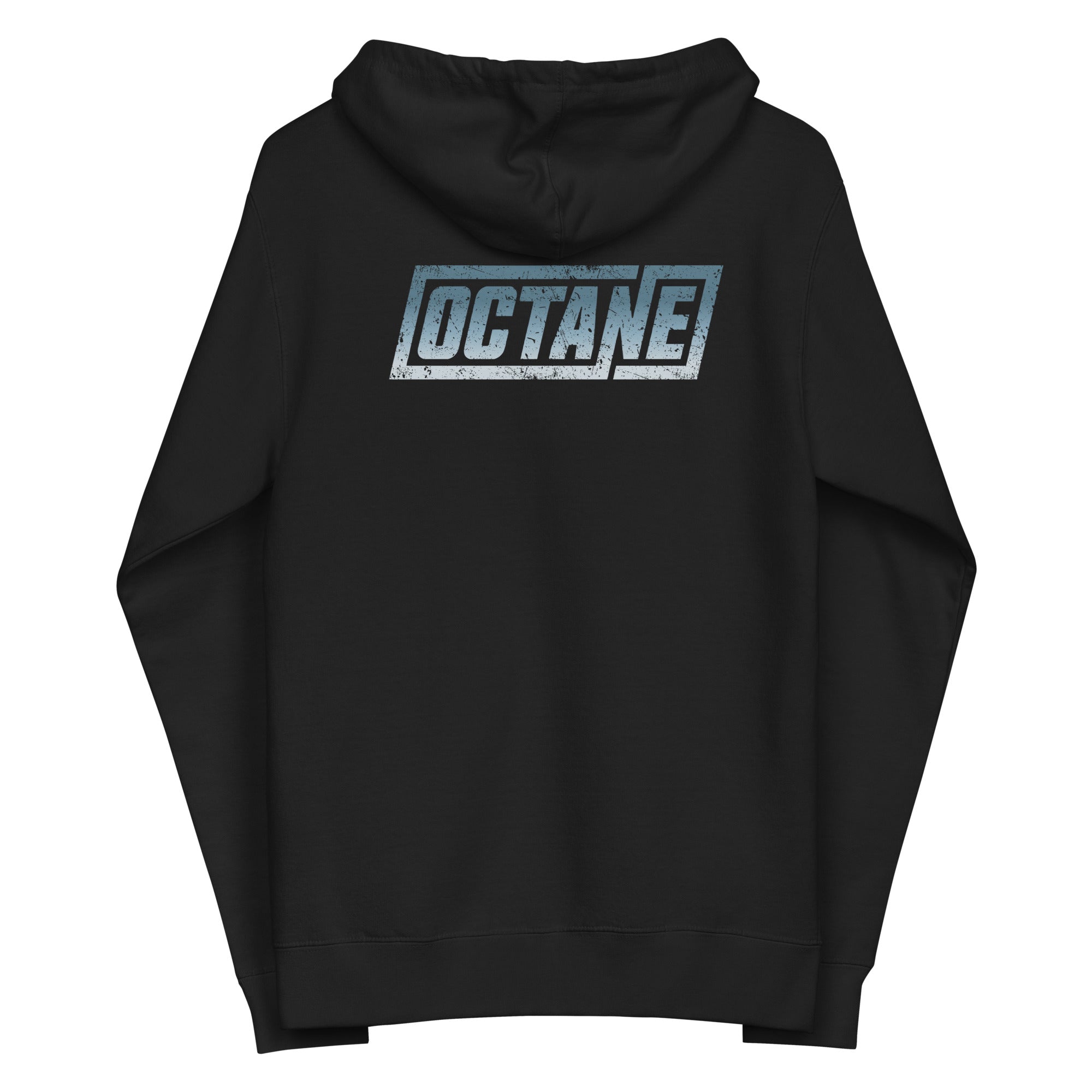 Black hoodie featuring a distressed blue 'OCTANE' logo on the back.