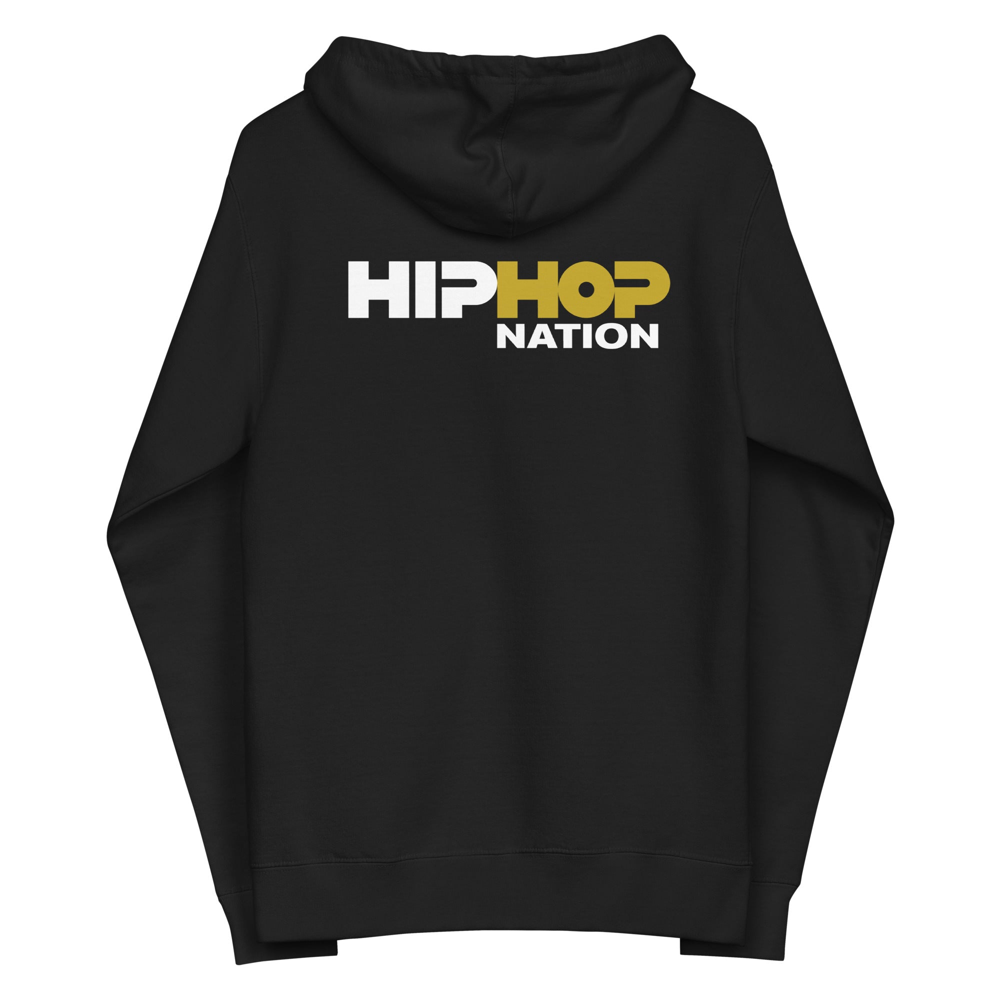 Black hoodie featuring 'HIP HOP NATION' text in white and gold on the back.