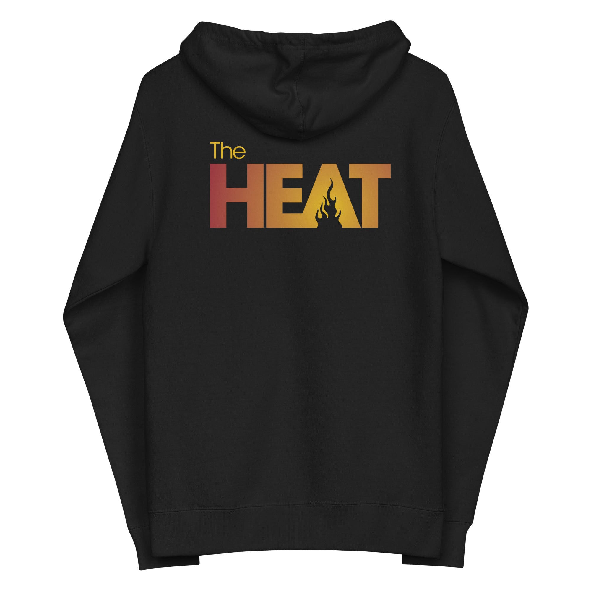 Black hoodie featuring the text 'The HEAT' with a flame graphic in gradient colors on the back.
