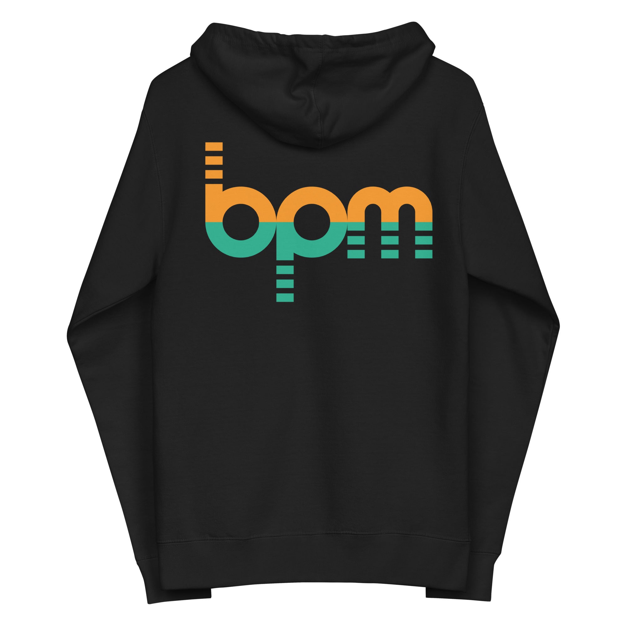 Black hoodie featuring a colorful 'bpm' graphic design on the back with sound wave elements.
