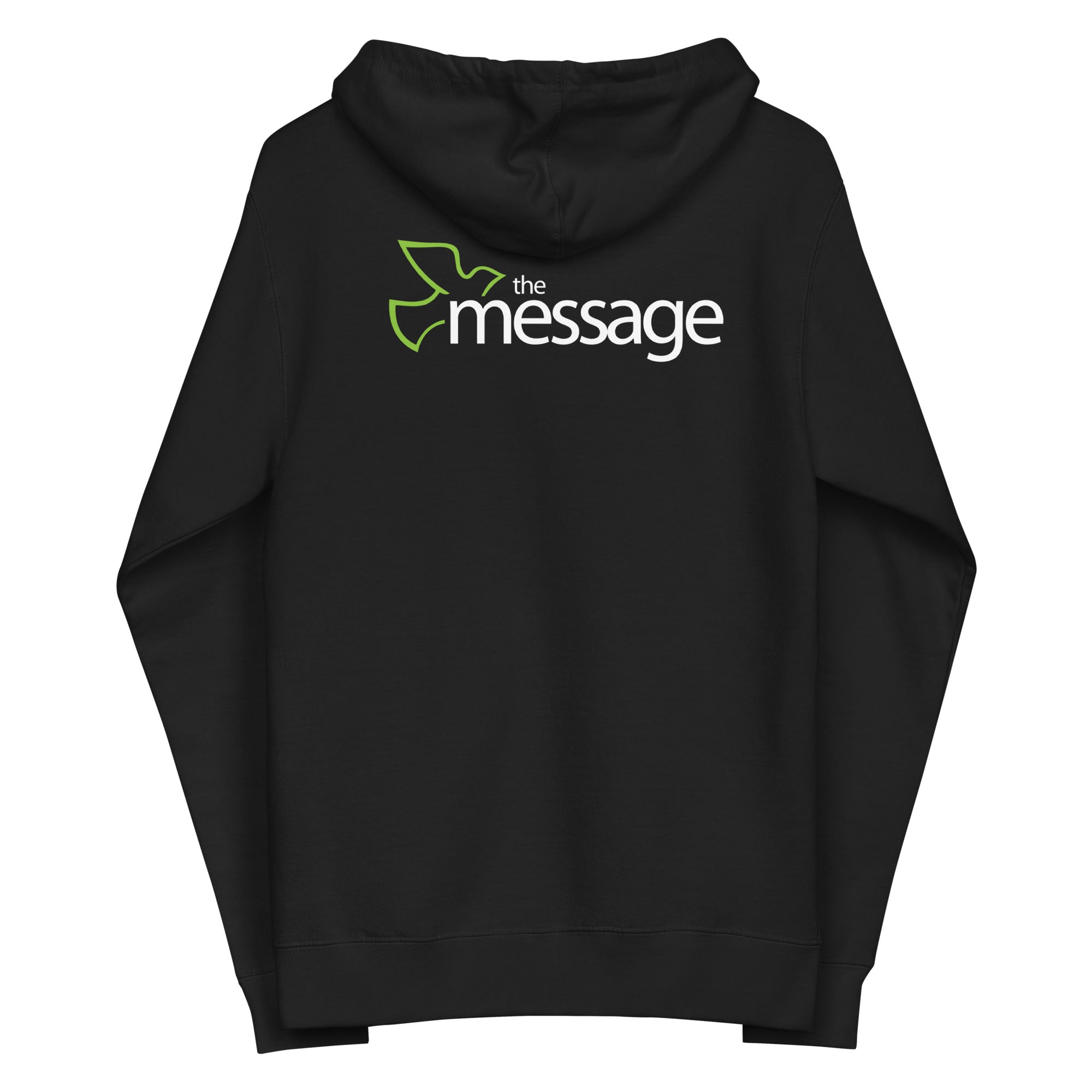Black hoodie with a green and white 'the message' logo on the back.