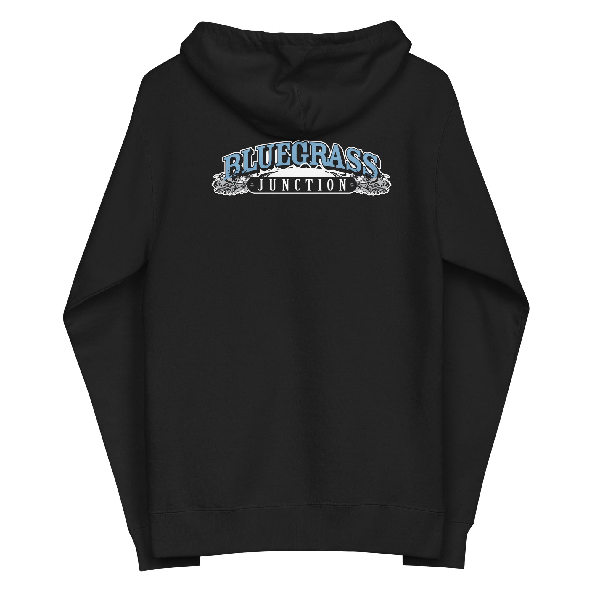 Black hoodie featuring 'BLUEGRASS JUNCTION' graphic on the back.