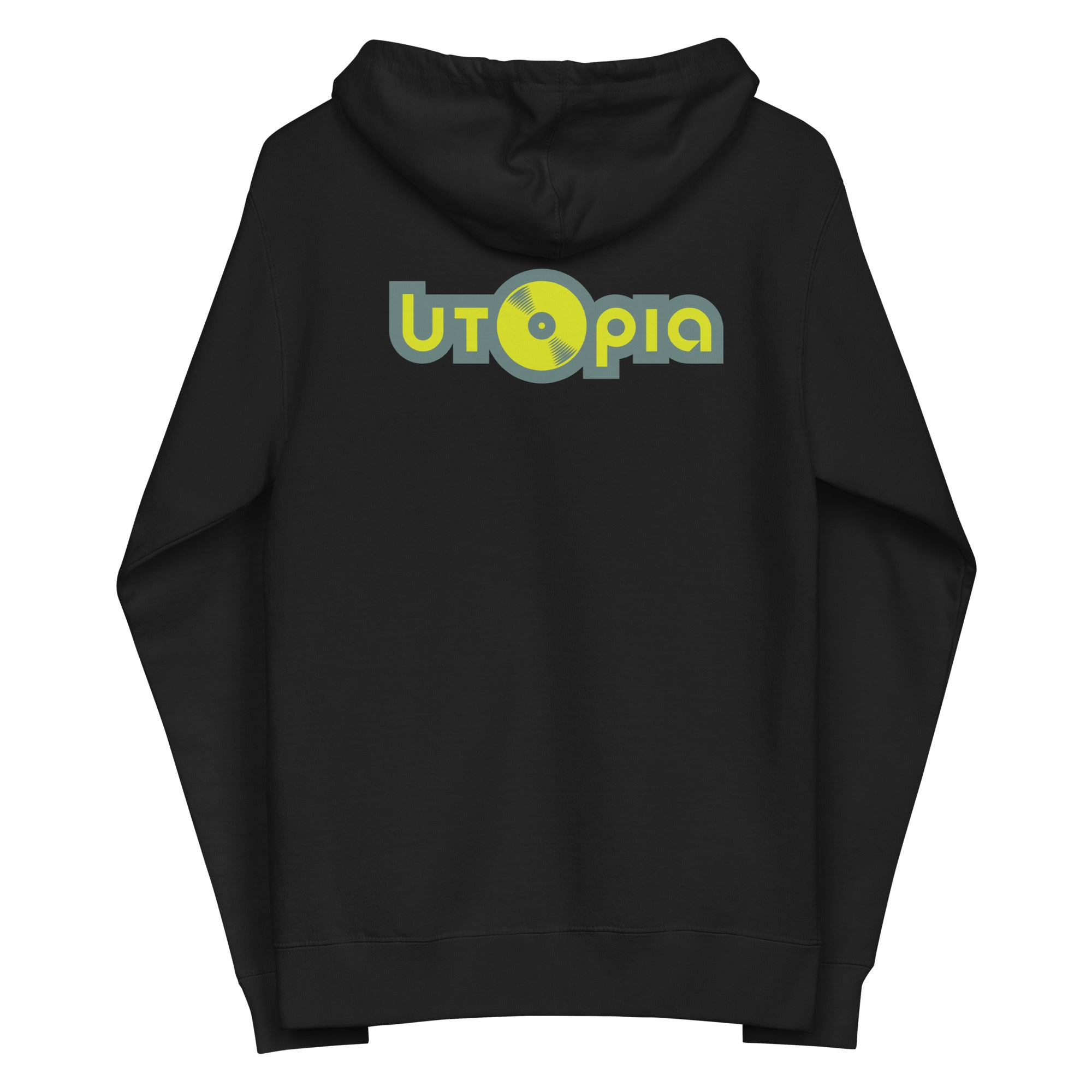 Black hoodie featuring the word 'Utopia' in yellow and green with a circular design element on the back.