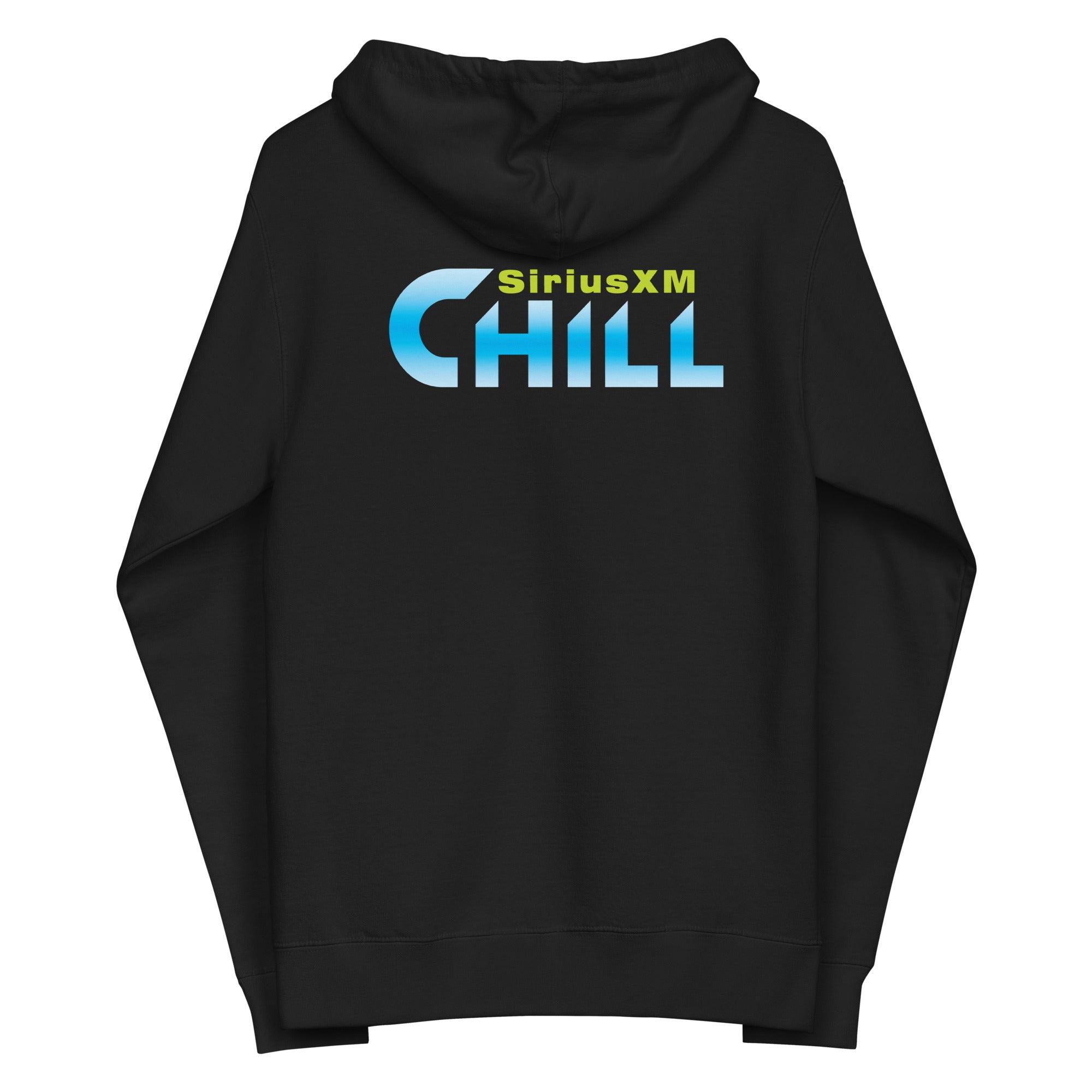 Black hoodie featuring 'SiriusXM CHILL' logo in blue and green on the back.