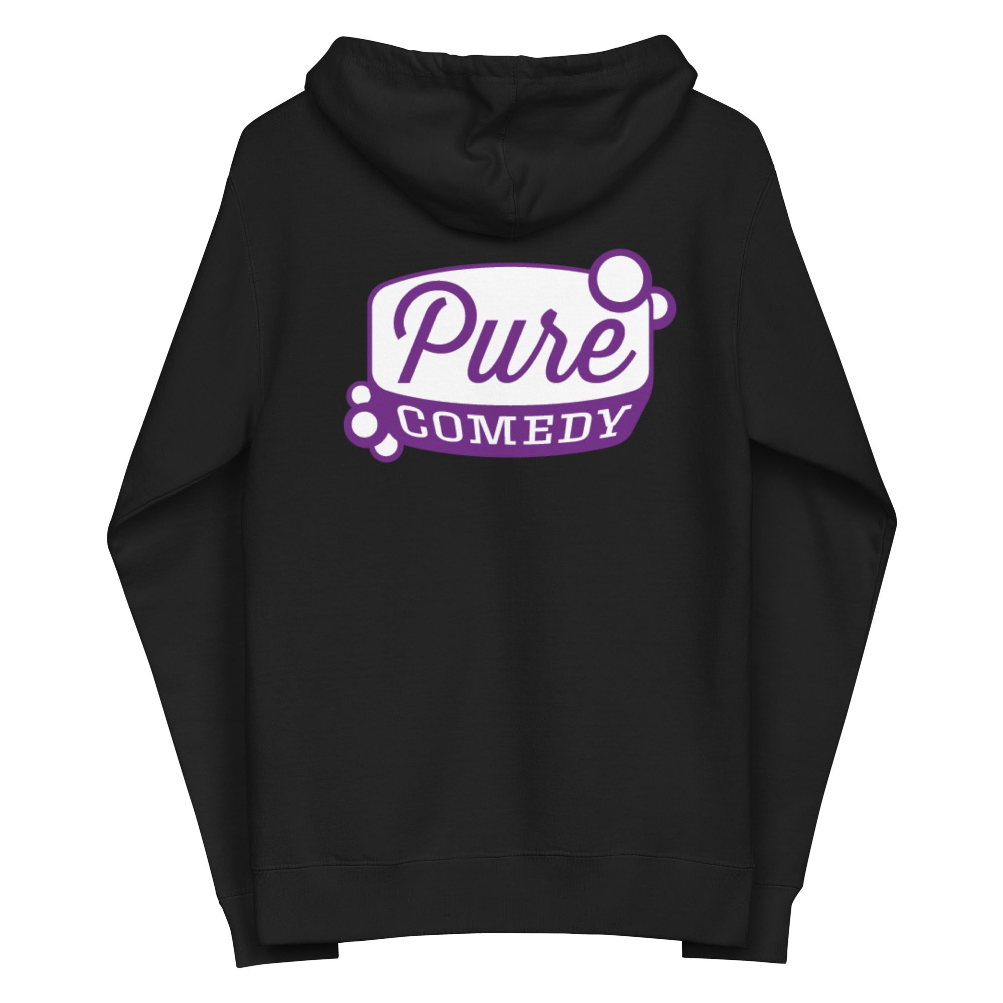 Backside of black hoodie featuring a 'Pure Comedy' logo in white and purple.