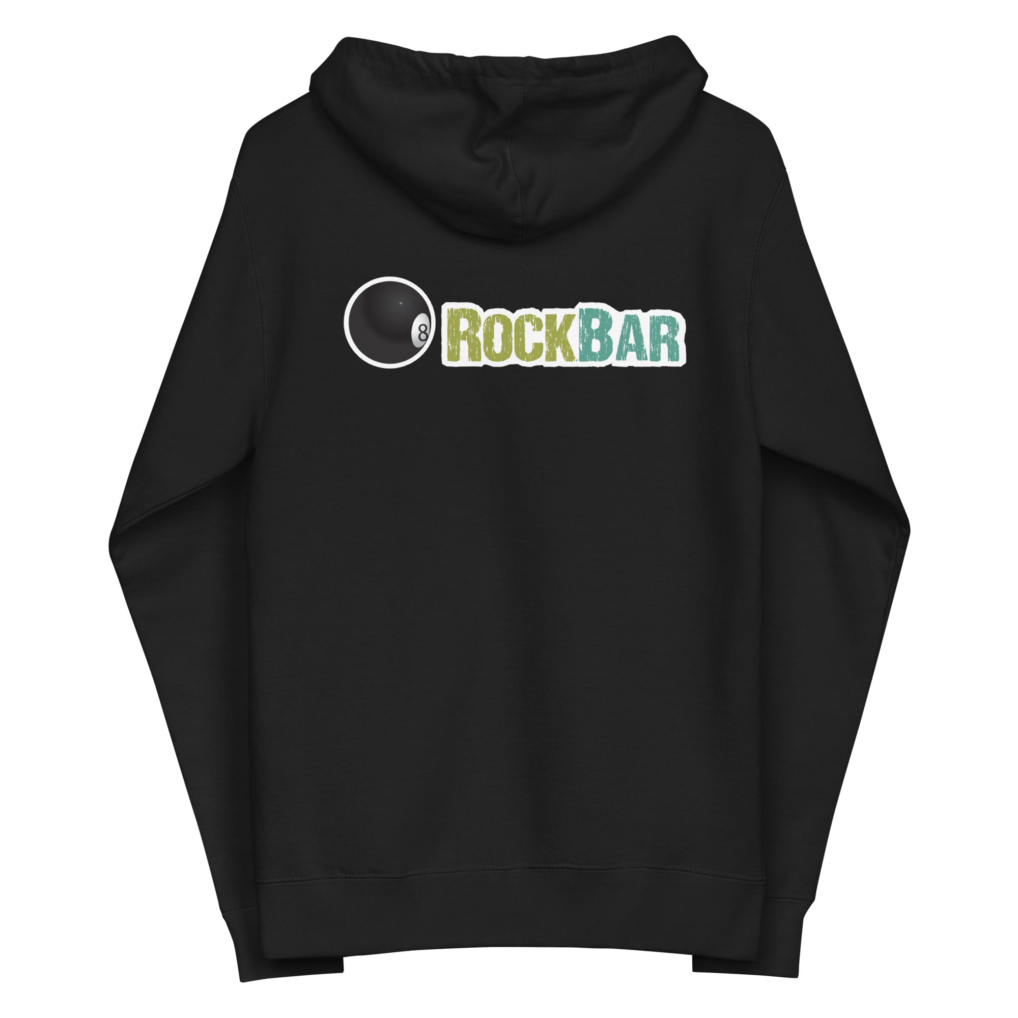 Back side of black hoodie featuring a graphic logo with an 8 ball and the text 'ROCKBAR' in a distressed style.