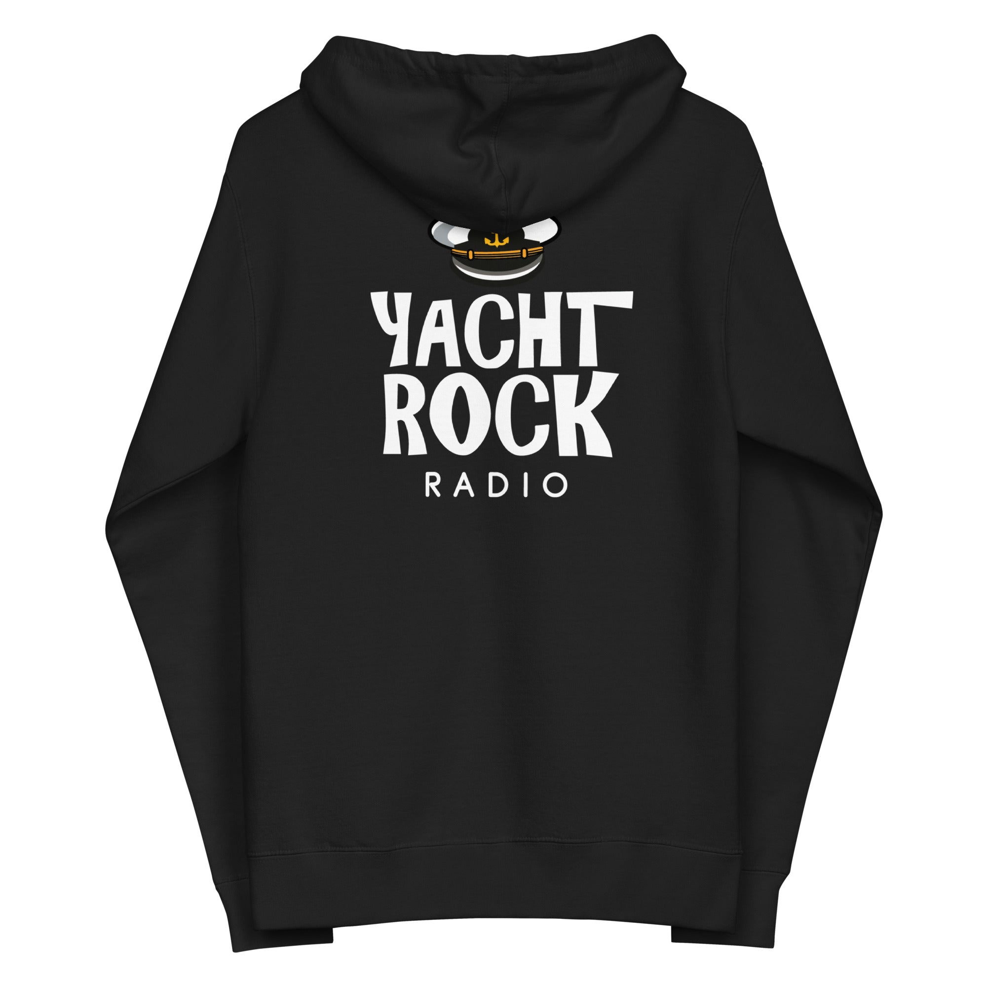 Black hoodie featuring 'Yacht Rock Radio' logo and captain's hat design on the back.