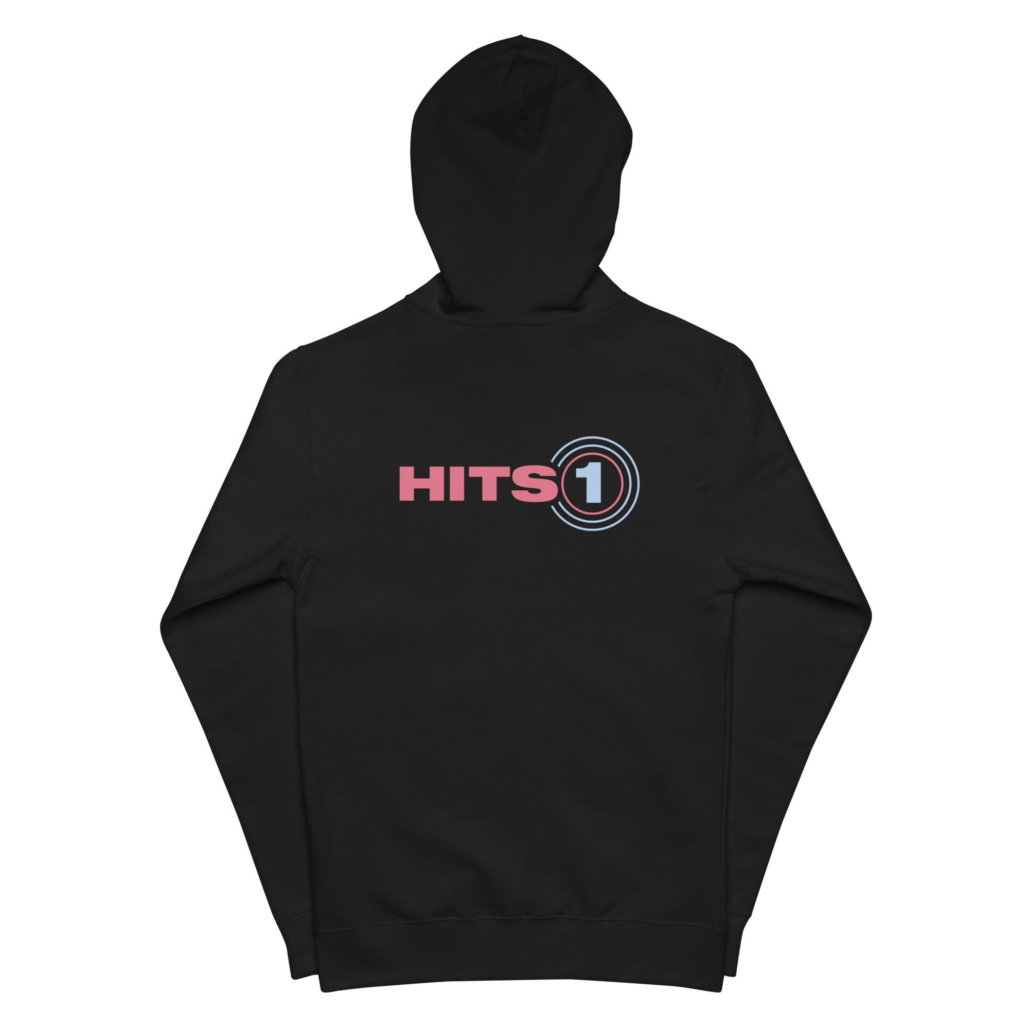 Black hoodie with 'HITS 1' logo on a white background