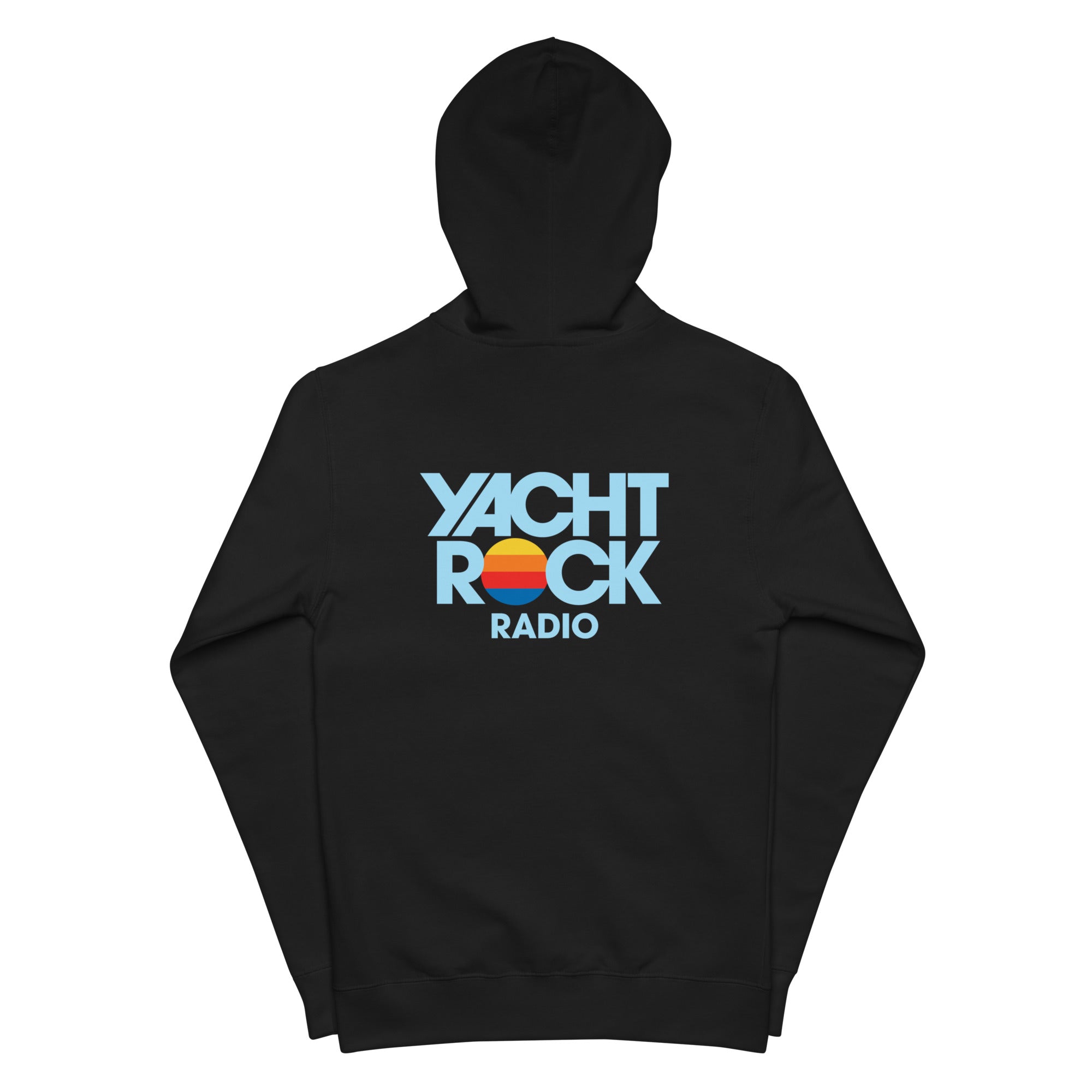 Back of black hoodie with 'Yacht Rock Radio' text on a white background