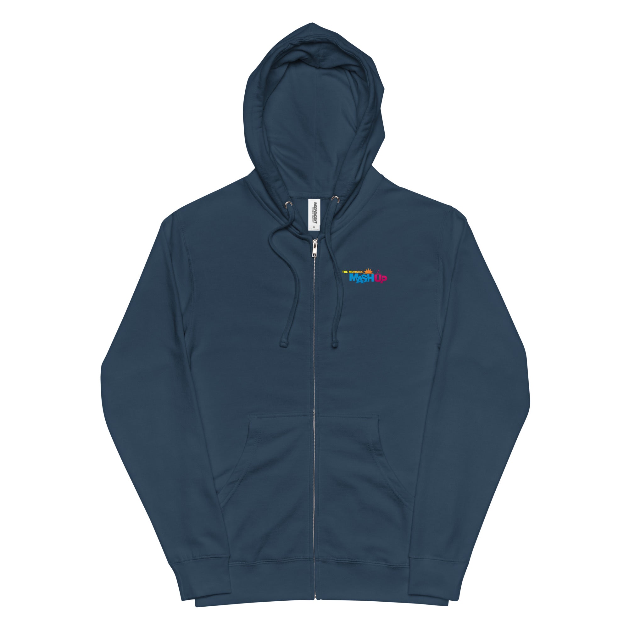Hooded navy zip-up sweatshirt with a colorful embroidered 'Mash Up' logo on the left chest. Embroidery colors include yellow, blue and pink.