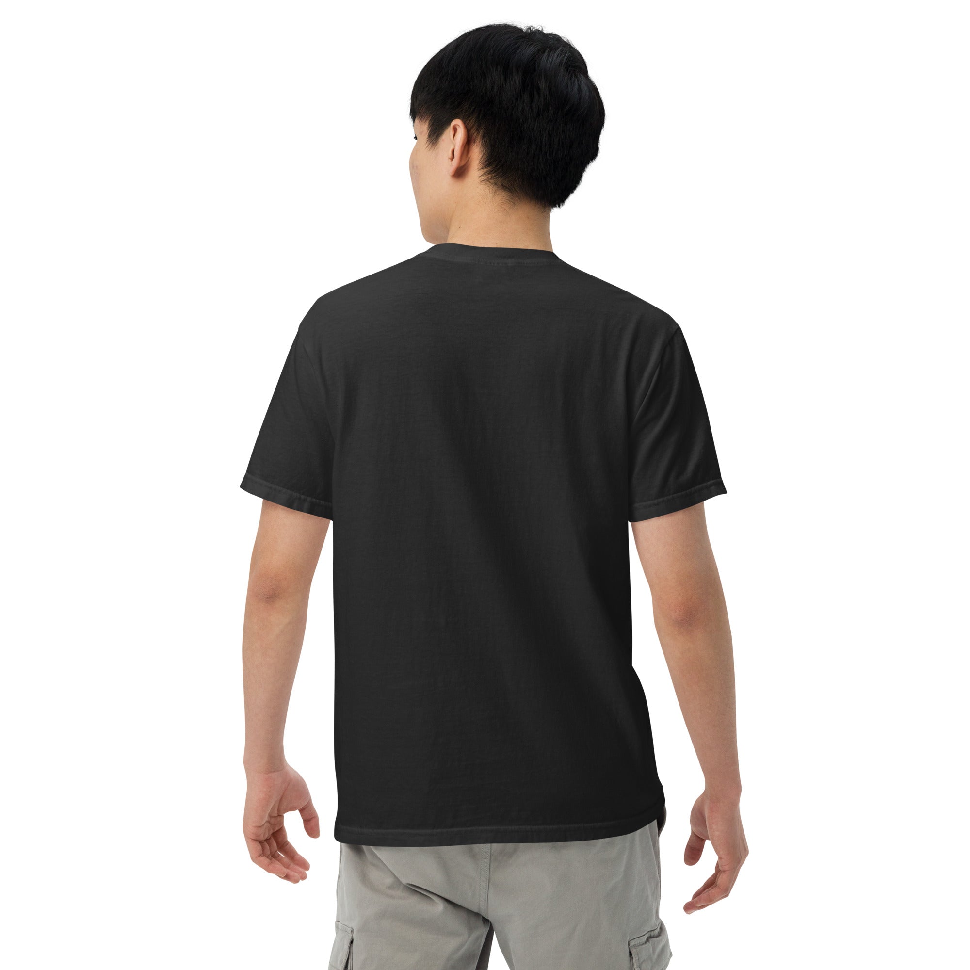 A man shown from the back wearing a black short-sleeve T-shirt and light gray cargo shorts. The back of the shirt is plain black with no printed design or text.